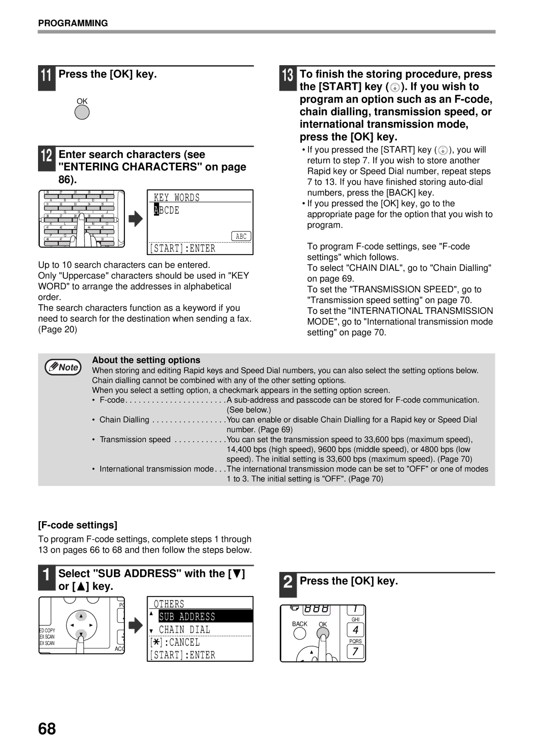 Sharp MX-FX13 appendix Startenter, Others, Select SUB Address with the or key, Code settings, About the setting options 