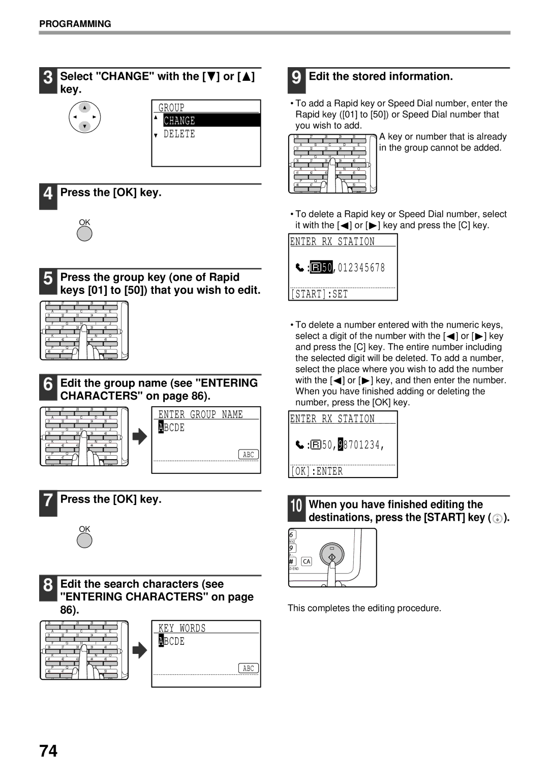 Sharp MX-FX13 appendix Startset, Okenter, Edit the group name see Entering Characters on, Edit the stored information 