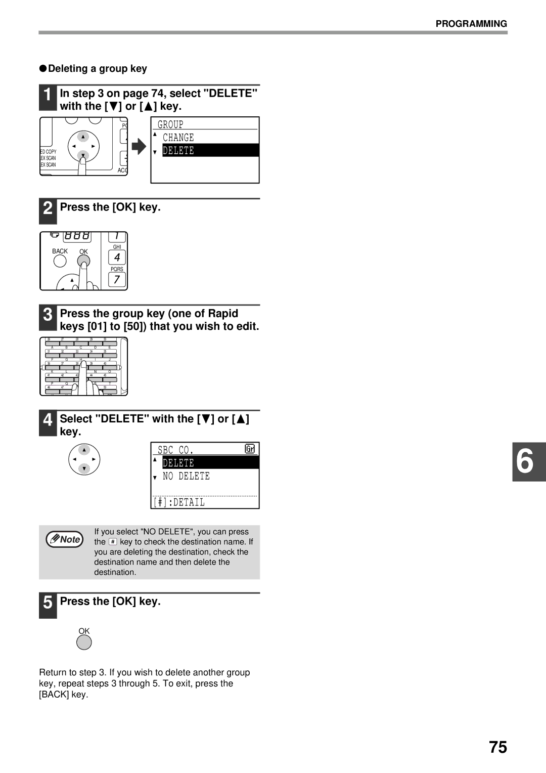 Sharp MX-FX13 appendix On page 74, select Delete with the or key, Deleting a group key 