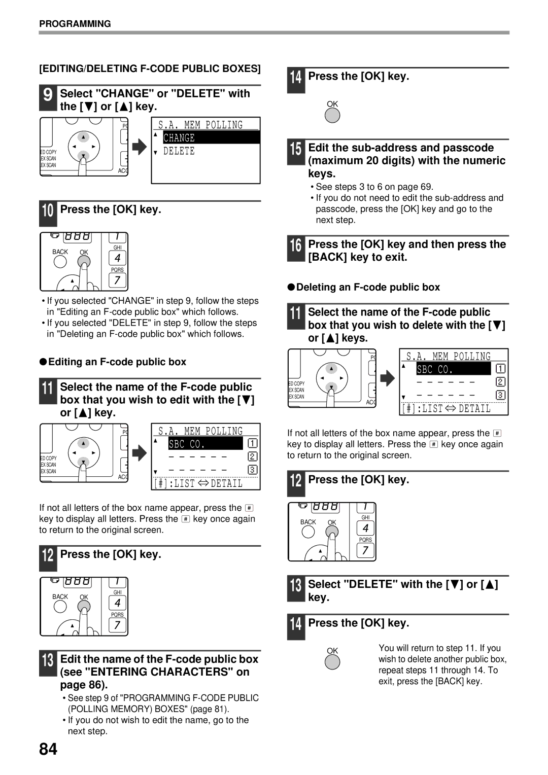 Sharp MX-FX13 Press the OK key and then press the Back key to exit, Editing an F-code public box, Exit, press the Back key 