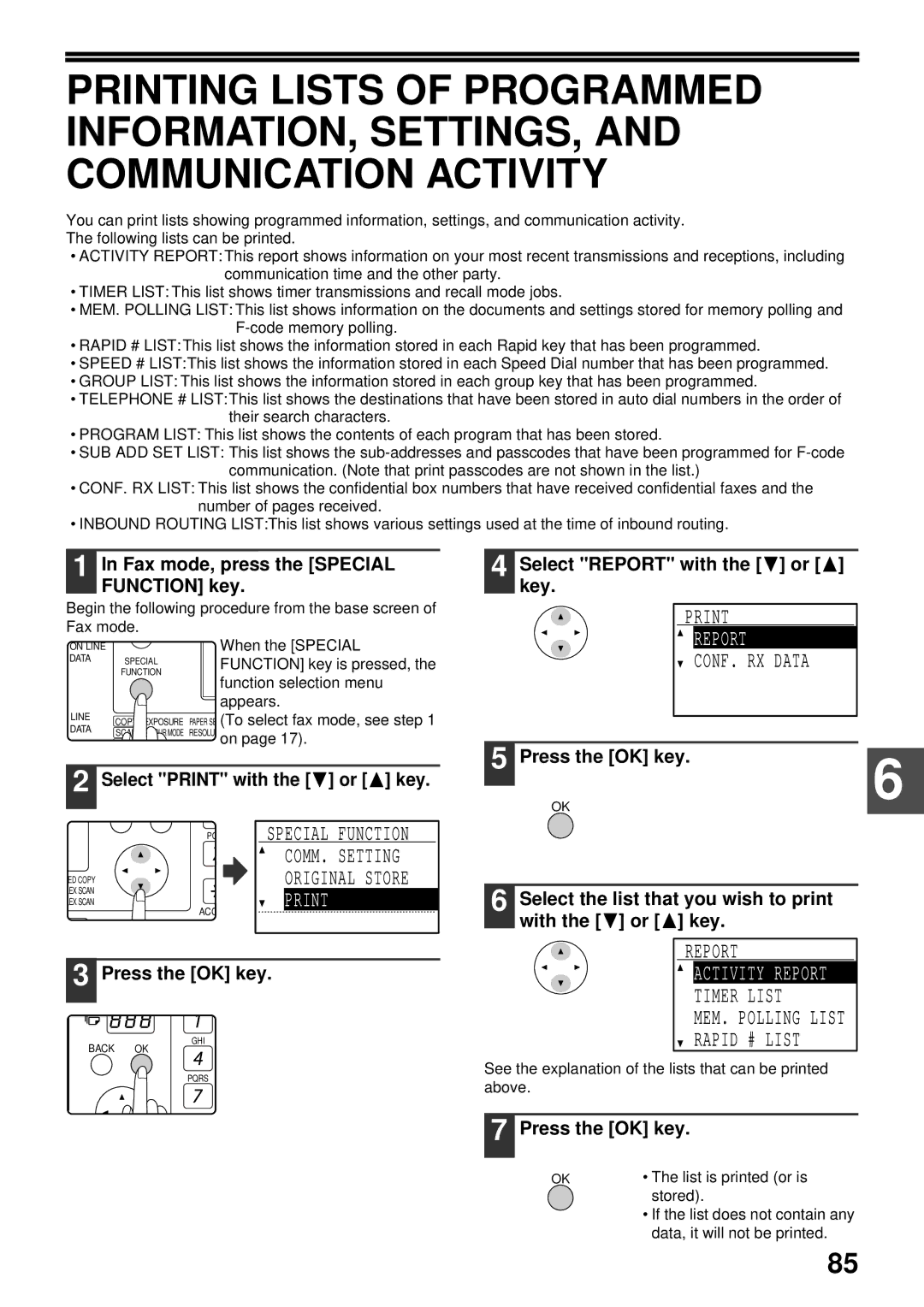 Sharp MX-FX13 appendix CONF. RX Data, Activity Report, Timer List MEM. Polling List Rapid # List 