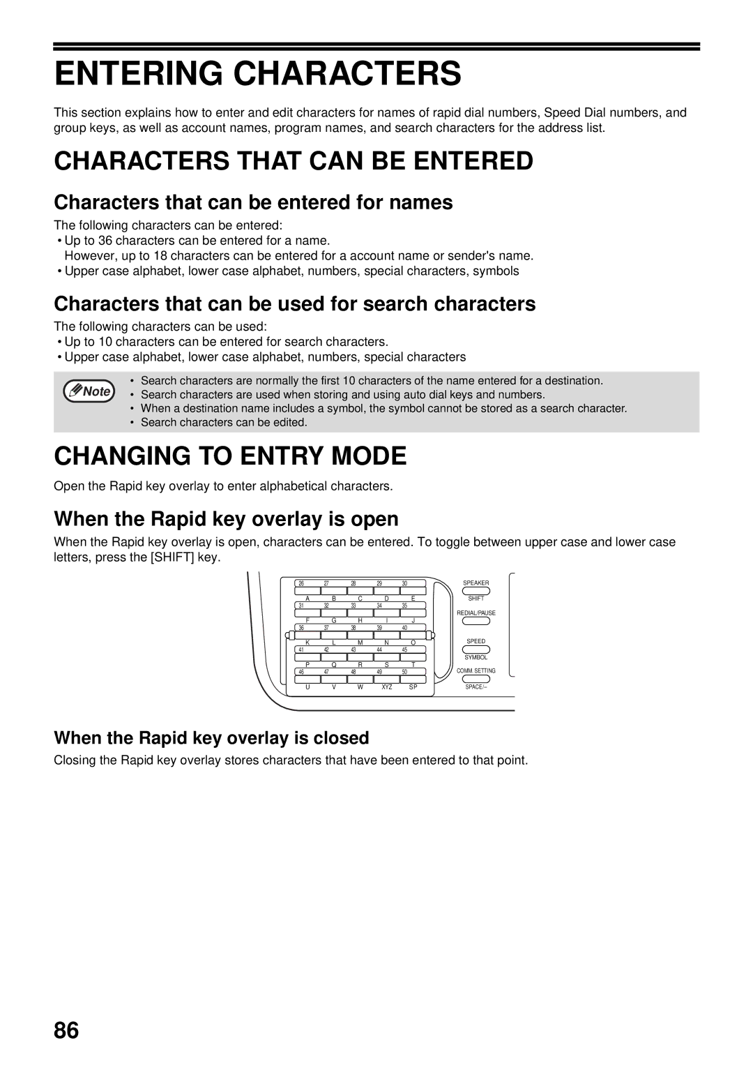 Sharp MX-FX13 appendix Entering Characters, Characters That can be Entered, Changing to Entry Mode 