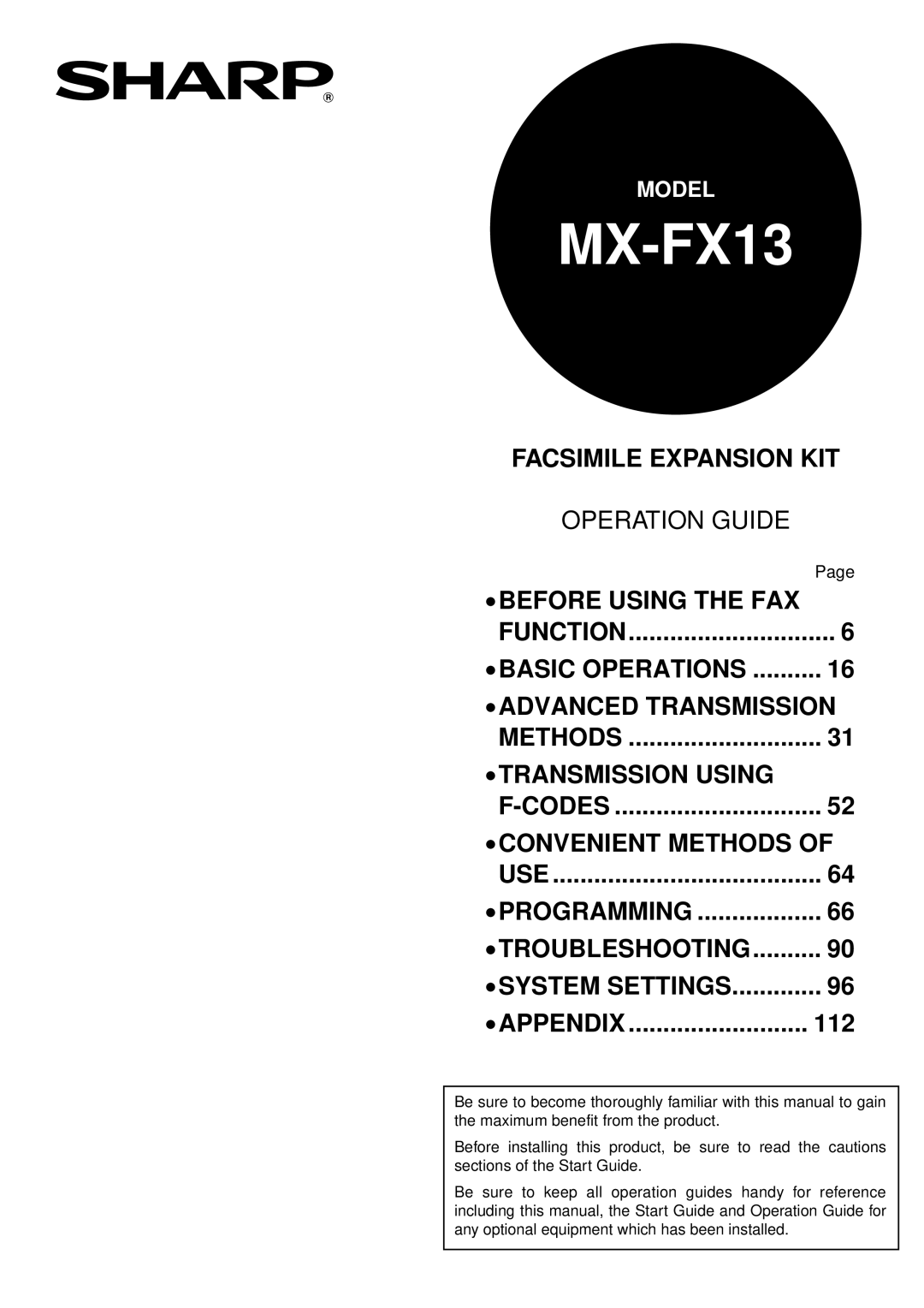 Sharp MX-FX13 appendix Facsimile Expansion Kit, Operation Guide, Before Using The Fax, Basic Operations, Methods, Appendix 