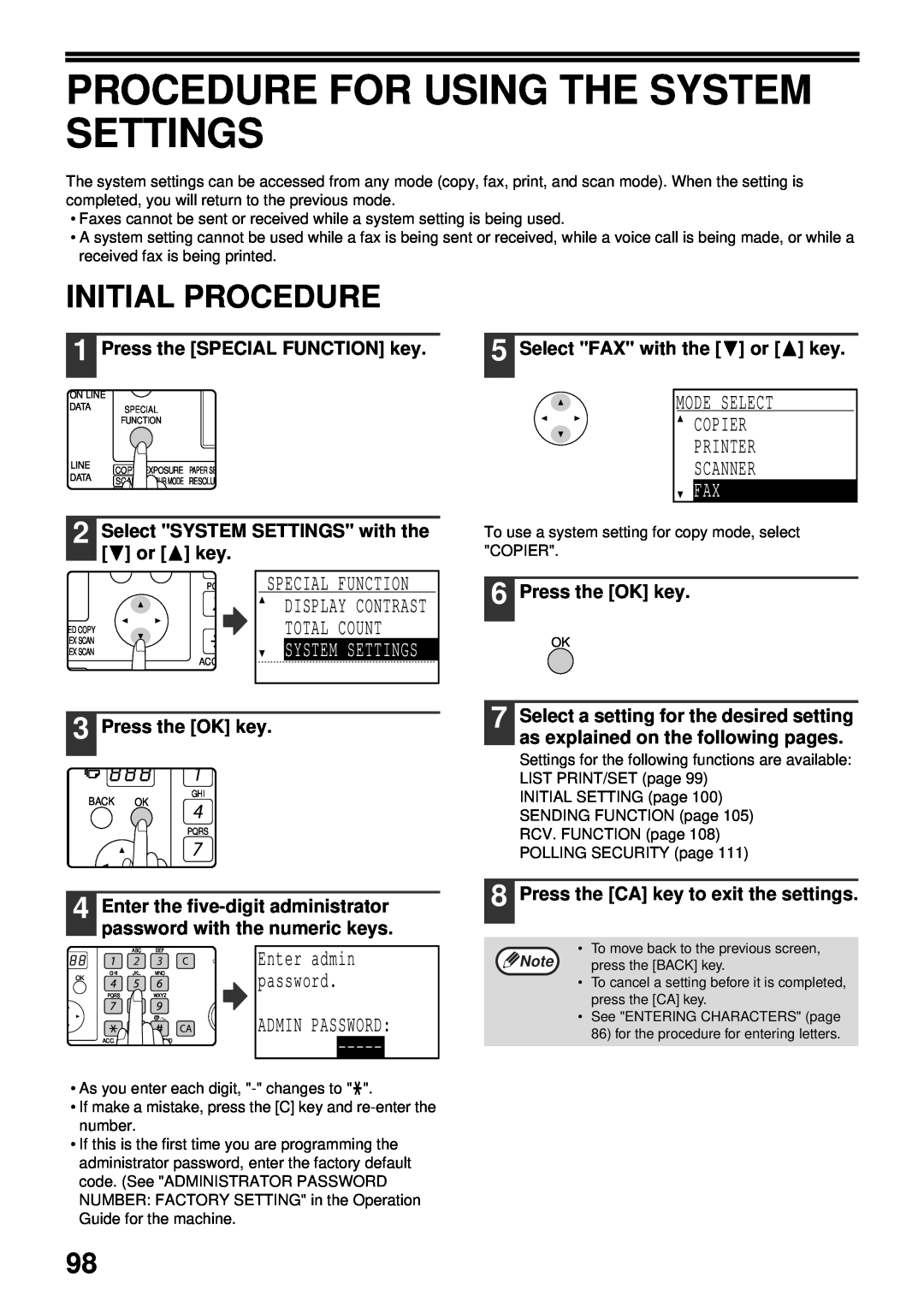 Sharp MX-FX13 Procedure For Using The System Settings, Initial Procedure, Press the SPECIAL FUNCTION key, Press the OK key 