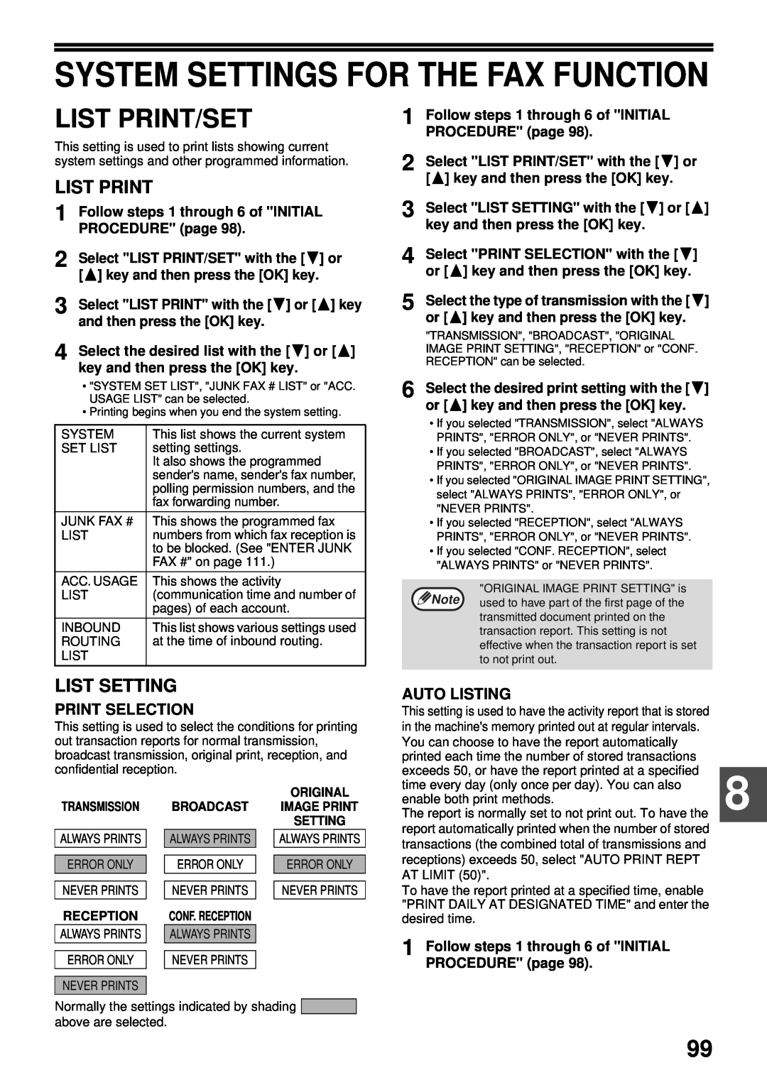 Sharp MX-FX13 appendix System Settings For The Fax Function, List Print/Set, List Setting, Print Selection, Auto Listing 