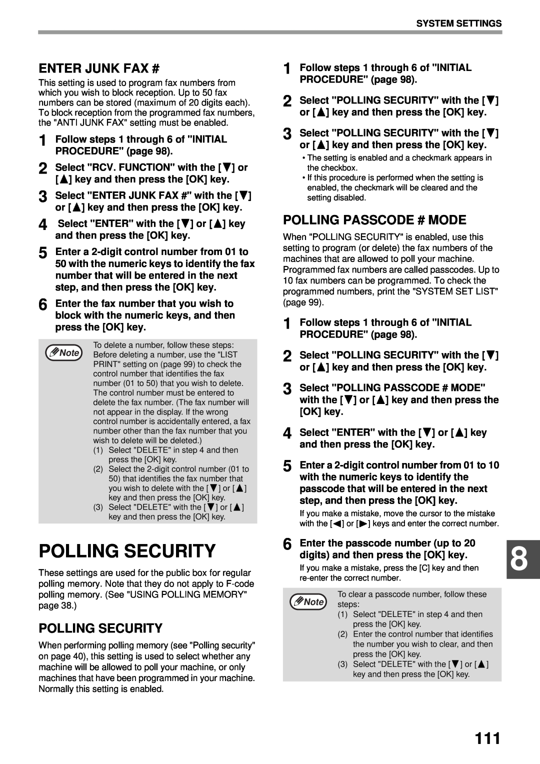 Sharp MX-FX13 appendix Polling Security, Enter Junk Fax #, Polling Passcode # Mode 