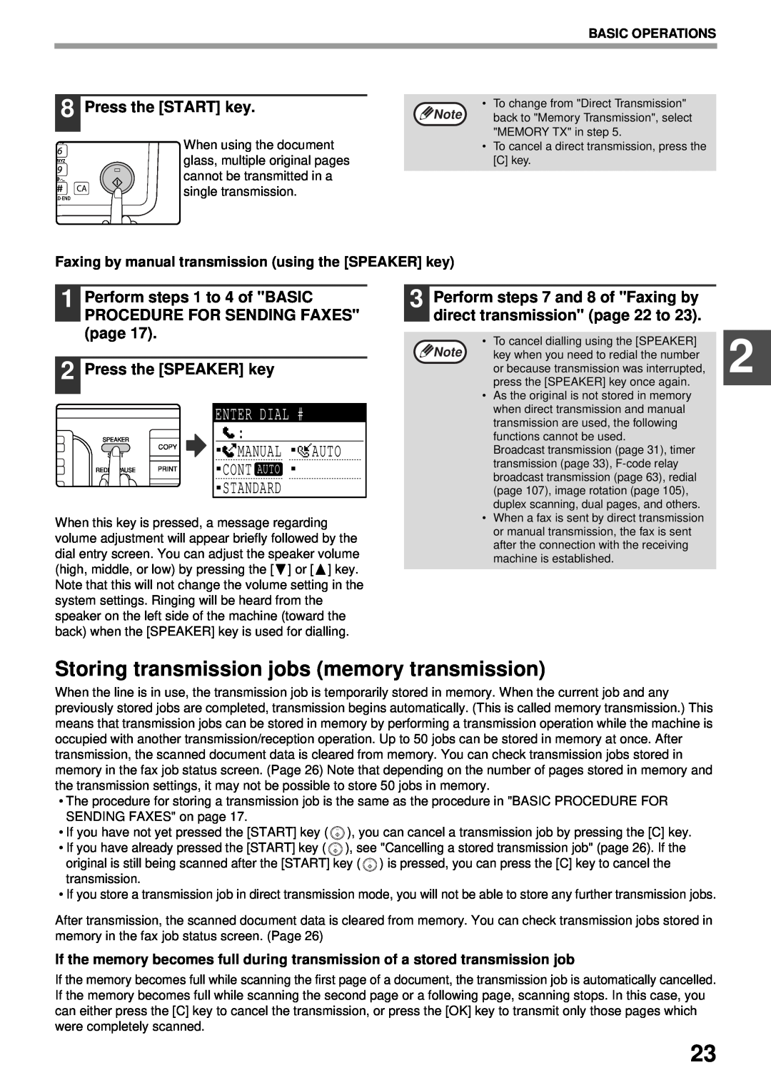 Sharp MX-FX13 Storing transmission jobs memory transmission, Enter Dial #, Manual, Press the START key, Basic Operations 