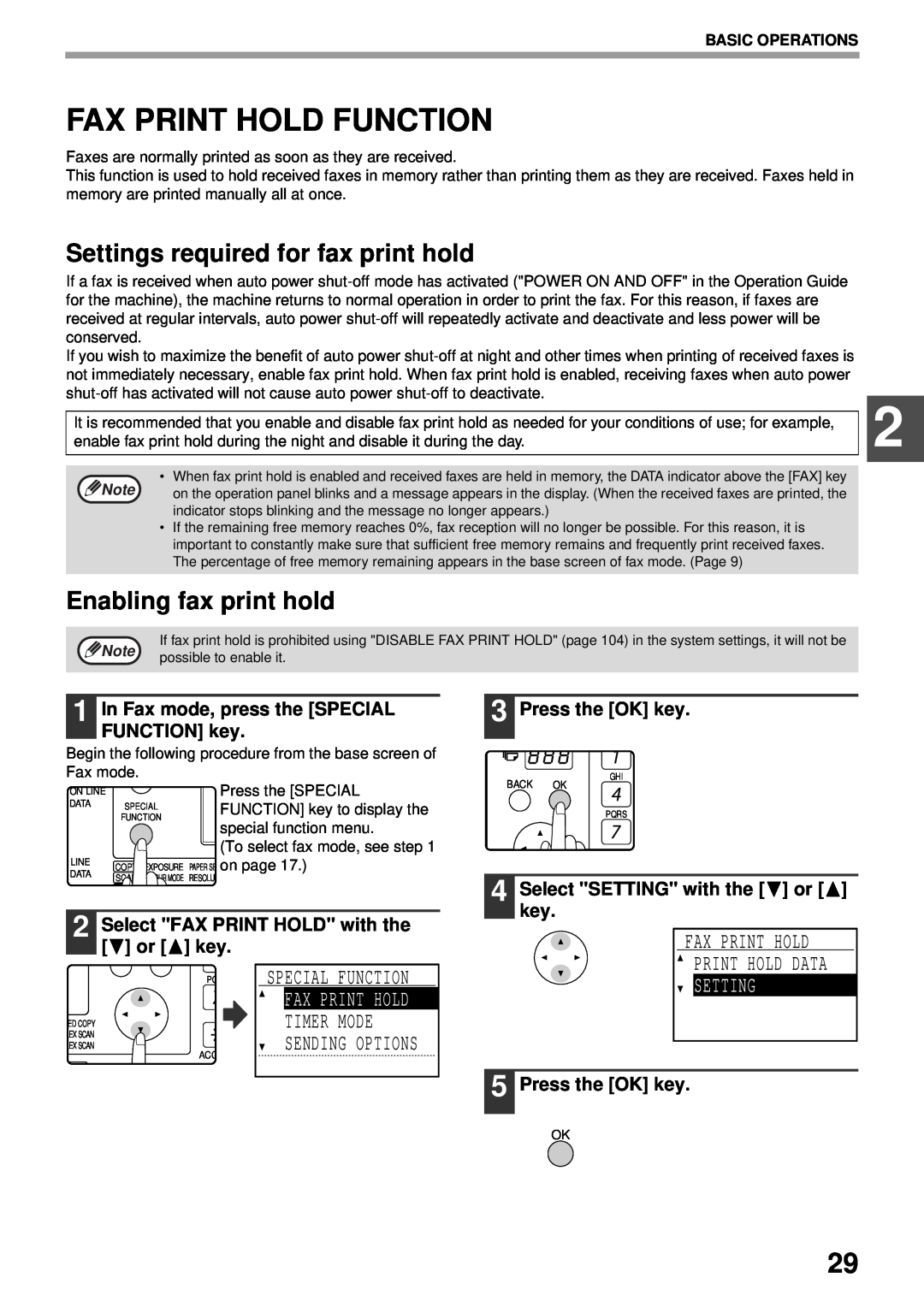 Sharp MX-FX13 Fax Print Hold Function, Settings required for fax print hold, Enabling fax print hold, Press the OK key 