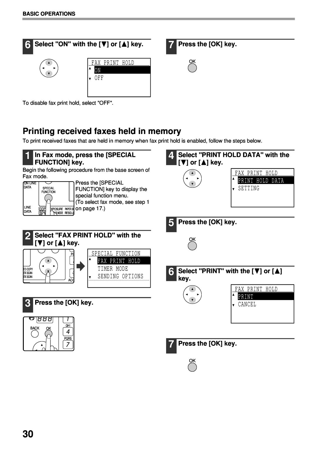 Sharp MX-FX13 appendix Printing received faxes held in memory, Print Hold Data, Select ON with the or key, Press the OK key 