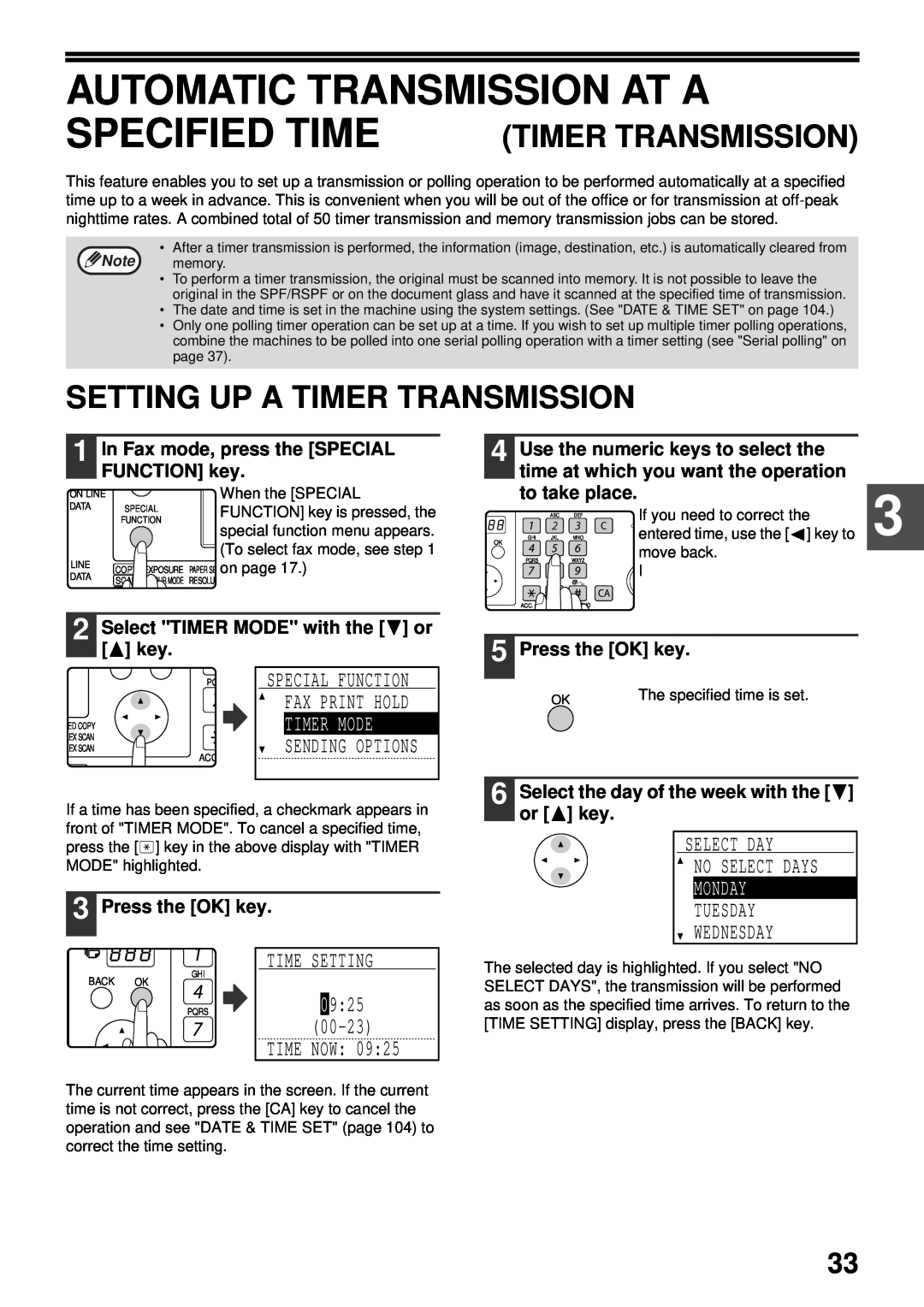 Sharp MX-FX13 Automatic Transmission At A, Specified Time, Setting Up A Timer Transmission, Timer Mode, Monday, 0925 