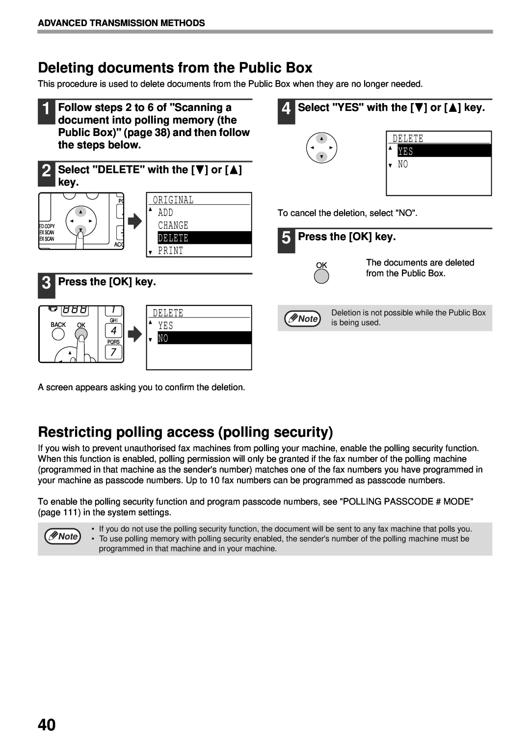 Sharp MX-FX13 Deleting documents from the Public Box, Restricting polling access polling security, Print, Delete, Change 