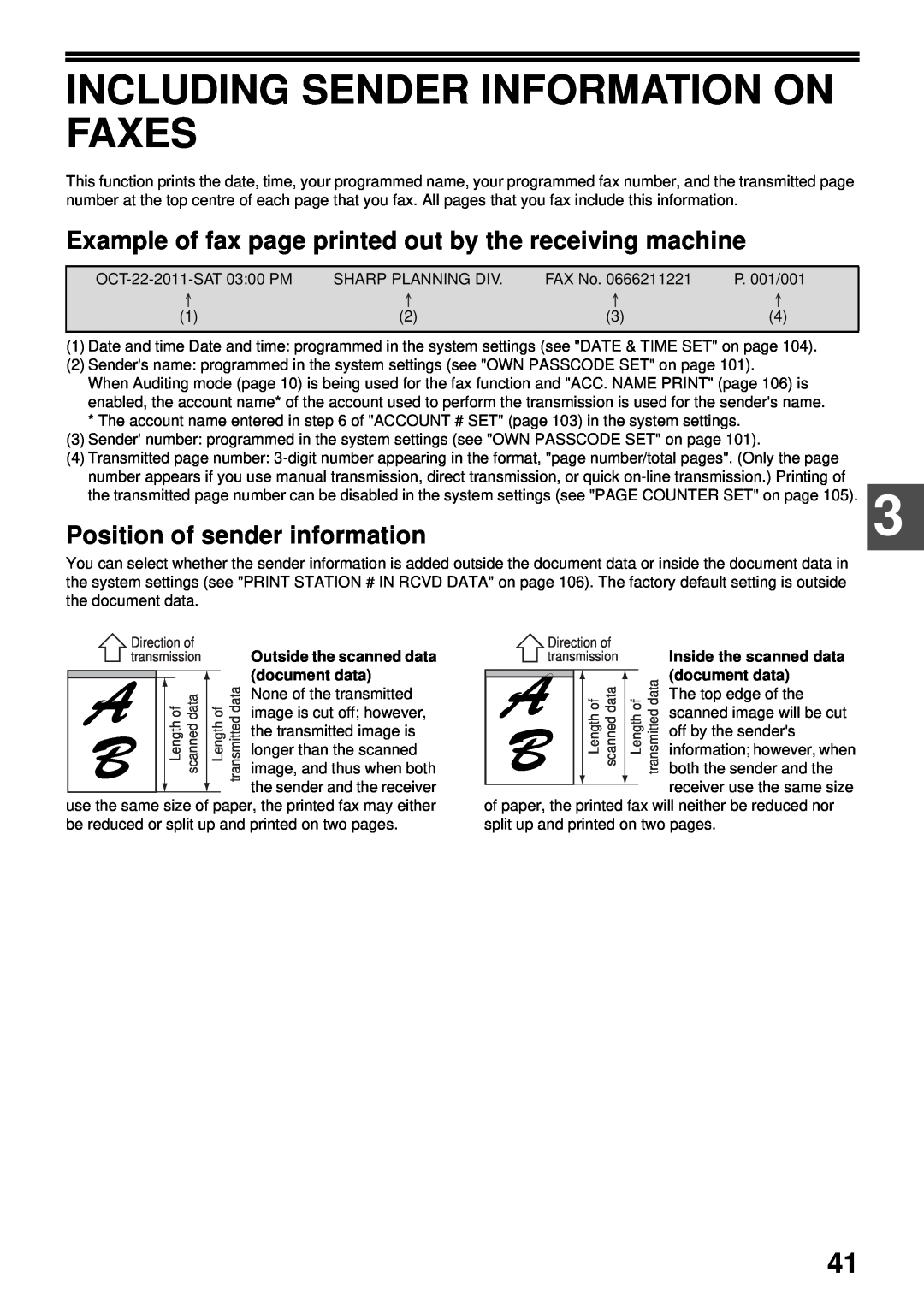 Sharp MX-FX13 appendix Including Sender Information On Faxes, Example of fax page printed out by the receiving machine 