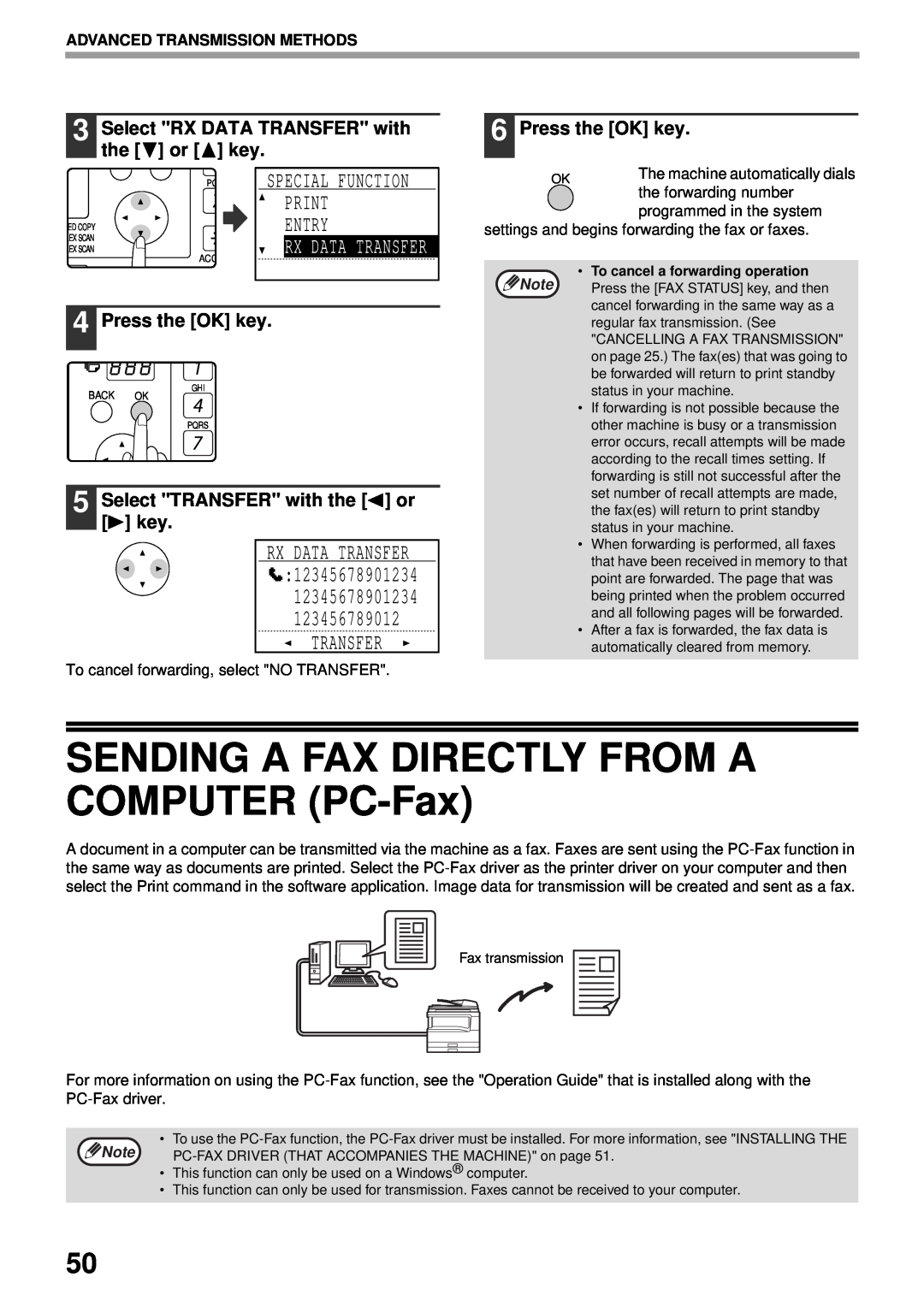 Sharp MX-FX13 SENDING A FAX DIRECTLY FROM A COMPUTER PC-Fax, Select RX DATA TRANSFER with the or key, Press the OK key 