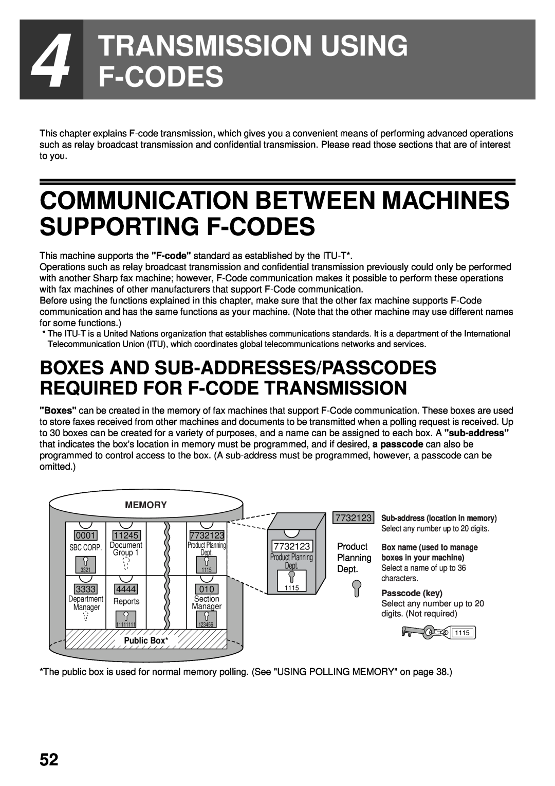 Sharp MX-FX13 appendix Transmission Using F-Codes, Communication Between Machines Supporting F-Codes, Memory, Public Box 
