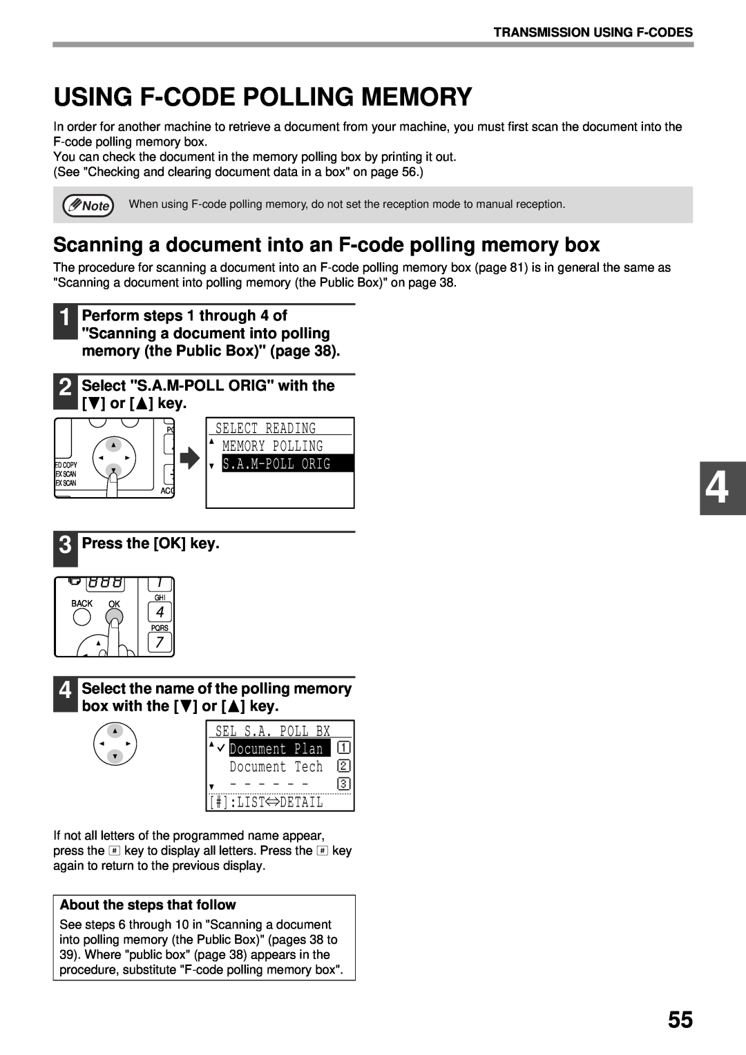 Sharp MX-FX13 appendix Using F-Code Polling Memory, Scanning a document into an F-code polling memory box, S.A.M-Poll Orig 