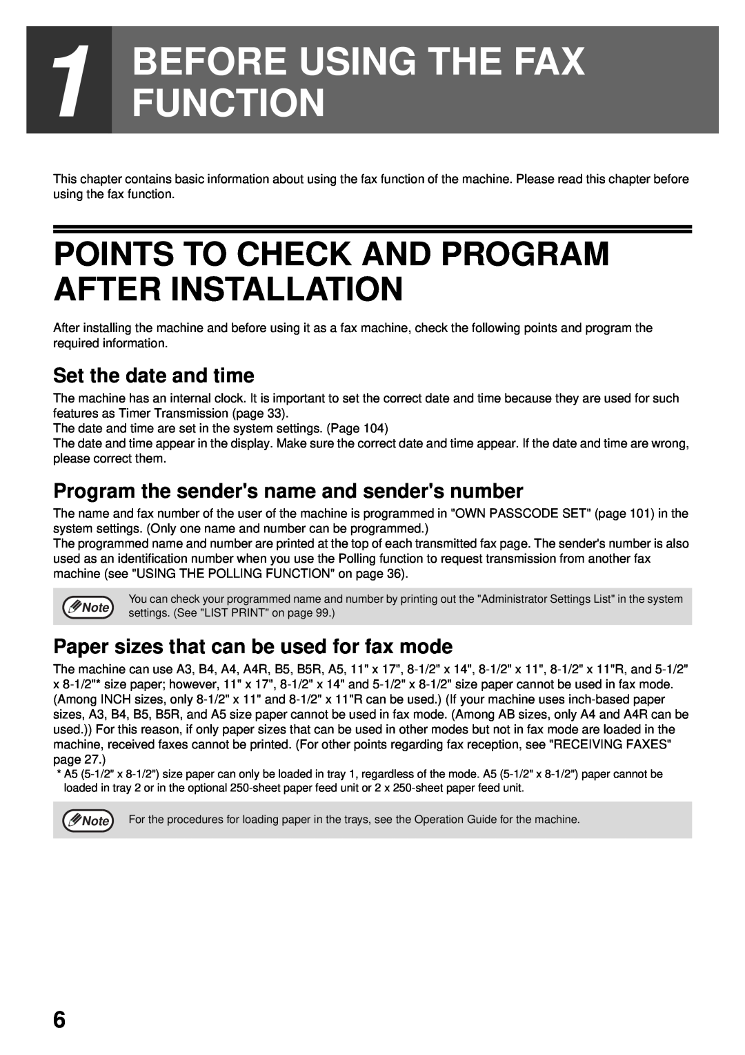 Sharp MX-FX13 appendix Before Using The Fax Function, Points To Check And Program After Installation, Set the date and time 