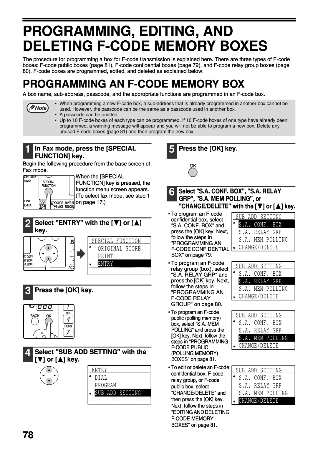 Sharp MX-FX13 Programming, Editing, And Deleting F-Code Memory Boxes, Programming An F-Code Memory Box, Sub Add Setting 