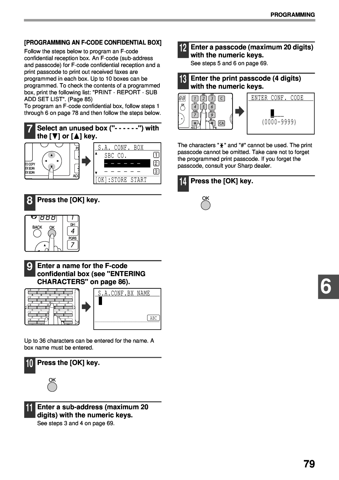 Sharp MX-FX13 appendix Select an unused box - - - - - - with the or key, Press the OK key, Conf. Box, Programming 