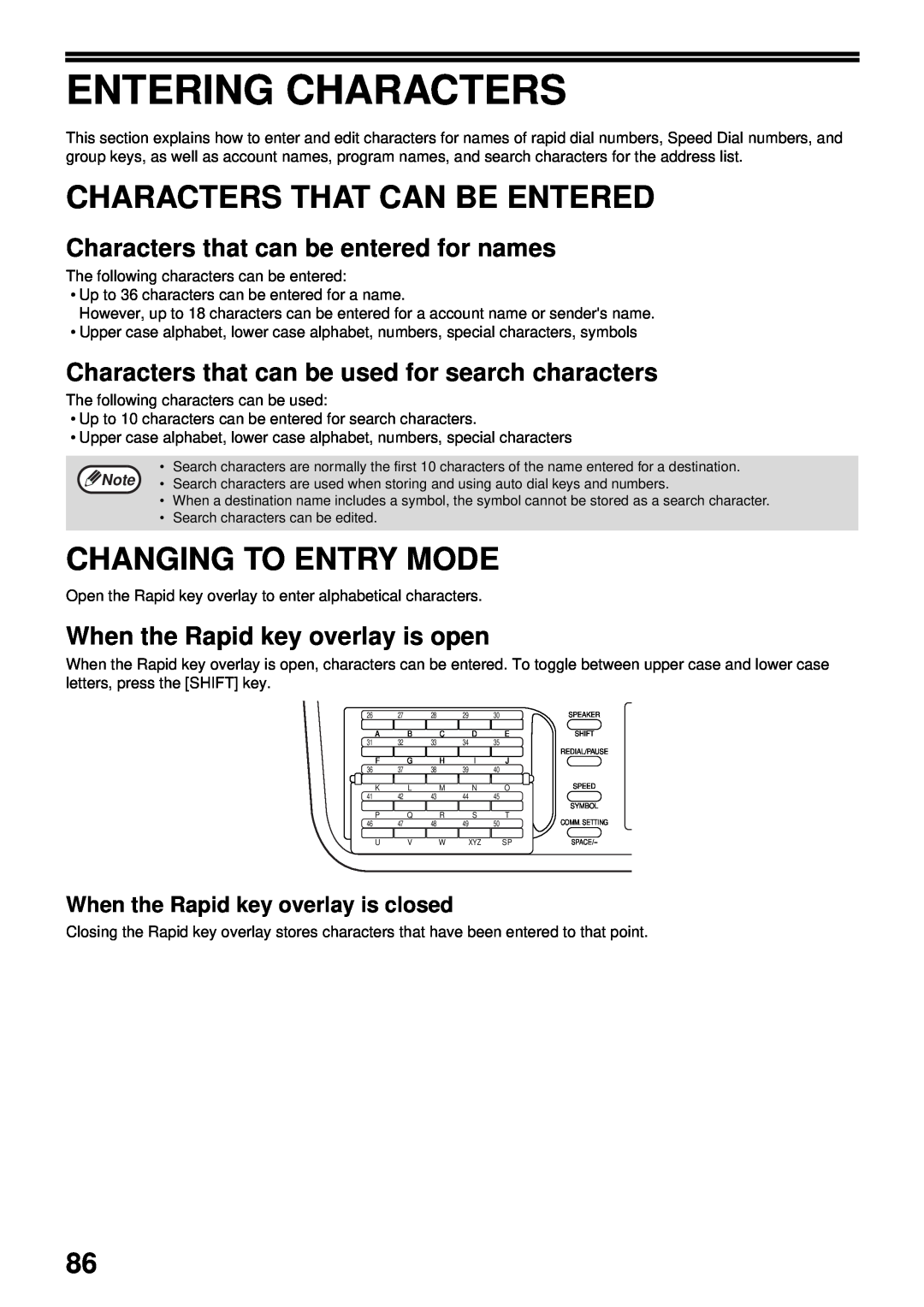 Sharp MX-FX13 appendix Entering Characters, Characters That Can Be Entered, Changing To Entry Mode 