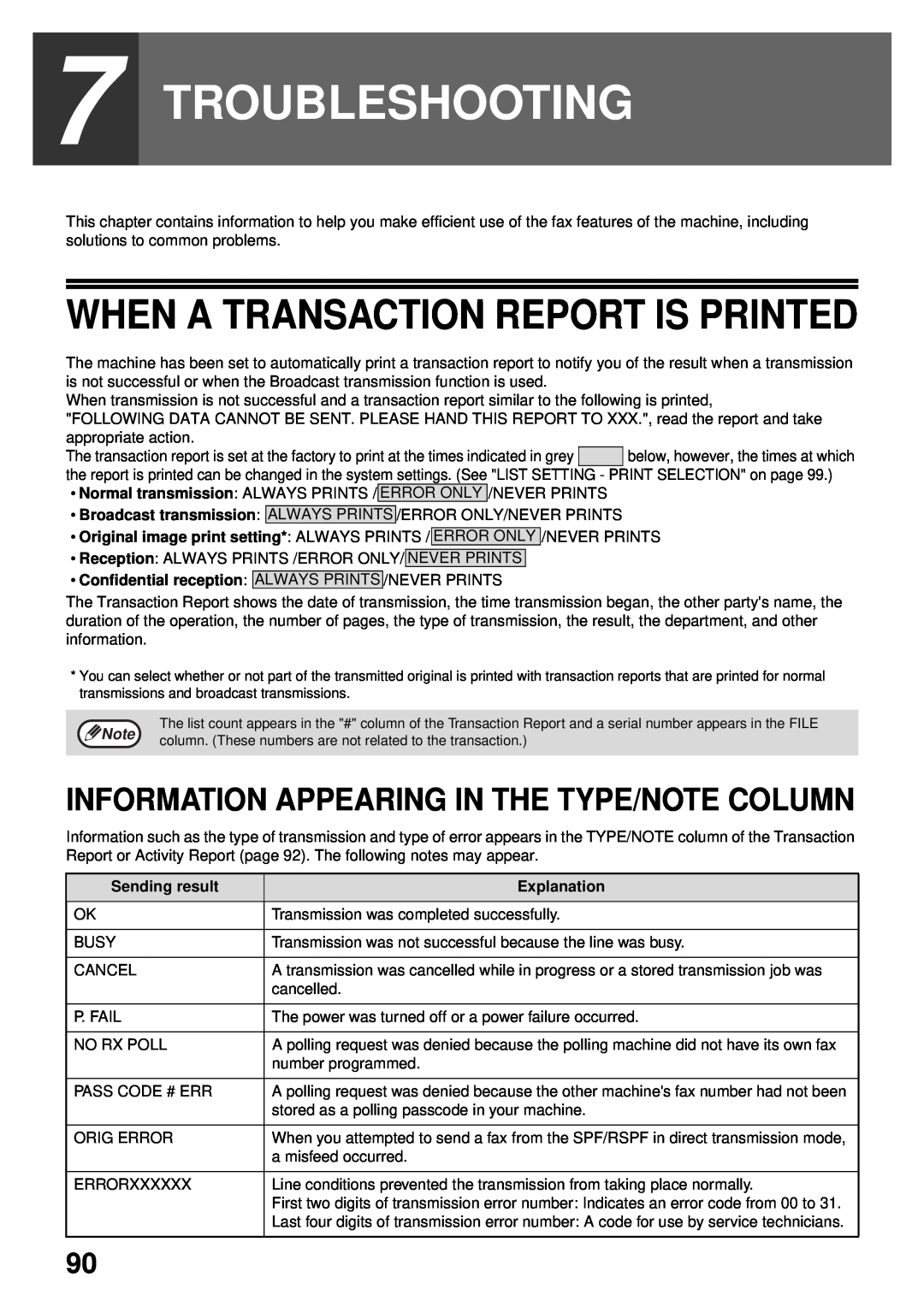 Sharp MX-FX13 appendix Troubleshooting, When A Transaction Report Is Printed, Information Appearing In The Type/Note Column 