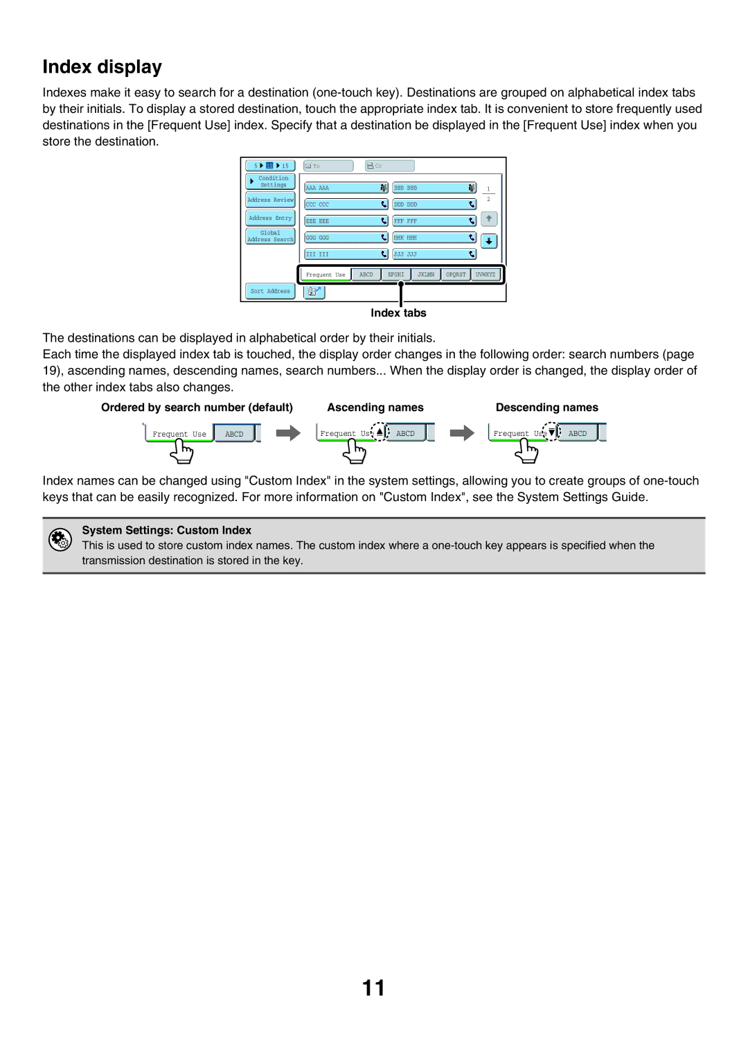 Sharp MX-FXX1 manual Index display, System Settings Custom Index 