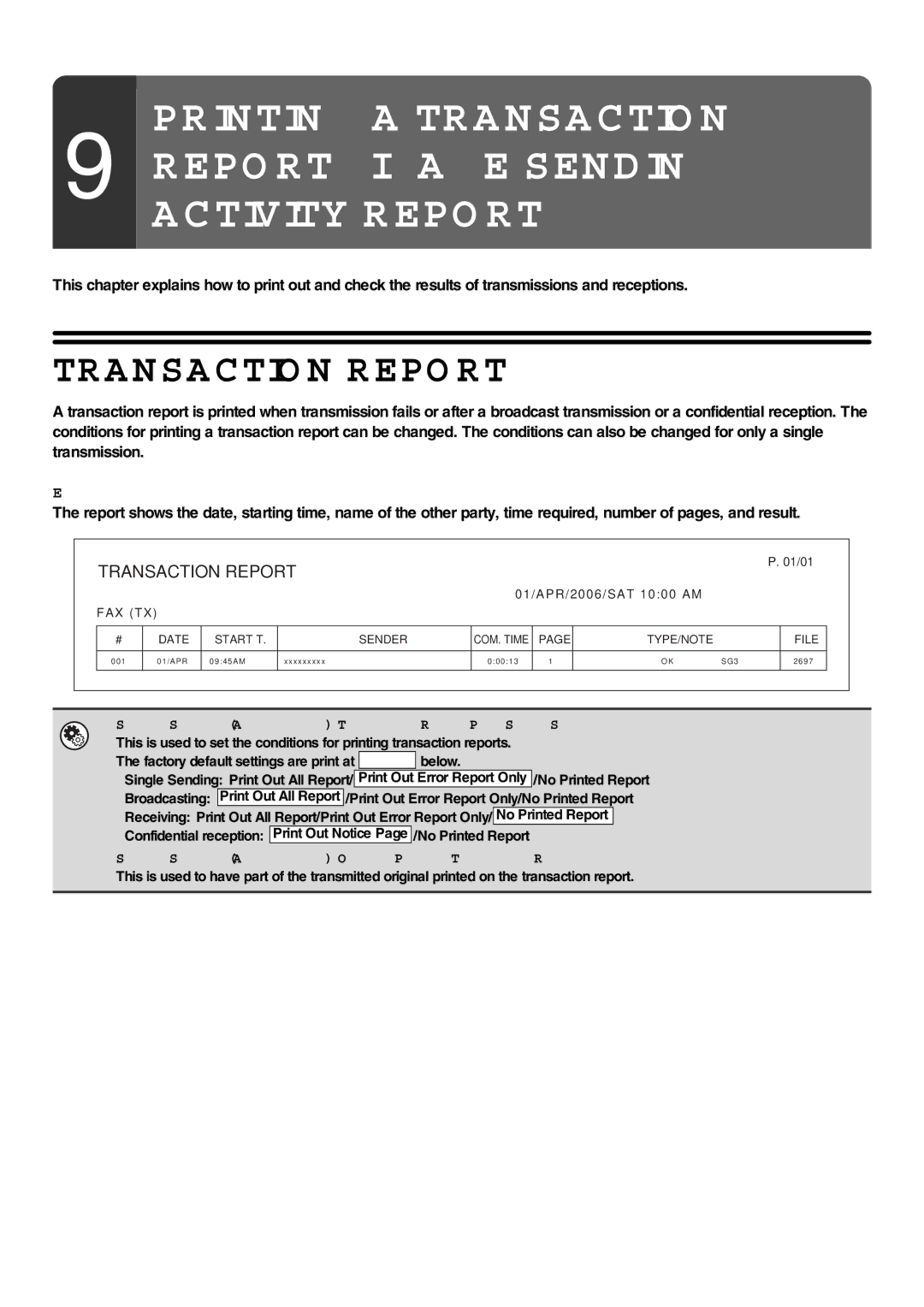 Sharp MX-FXX1 manual Transaction Report, Example of a transaction report 