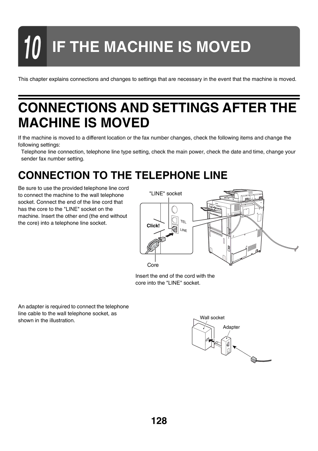 Sharp MX-FXX1 manual Connections and Settings After the Machine is Moved, Connection to the Telephone Line 