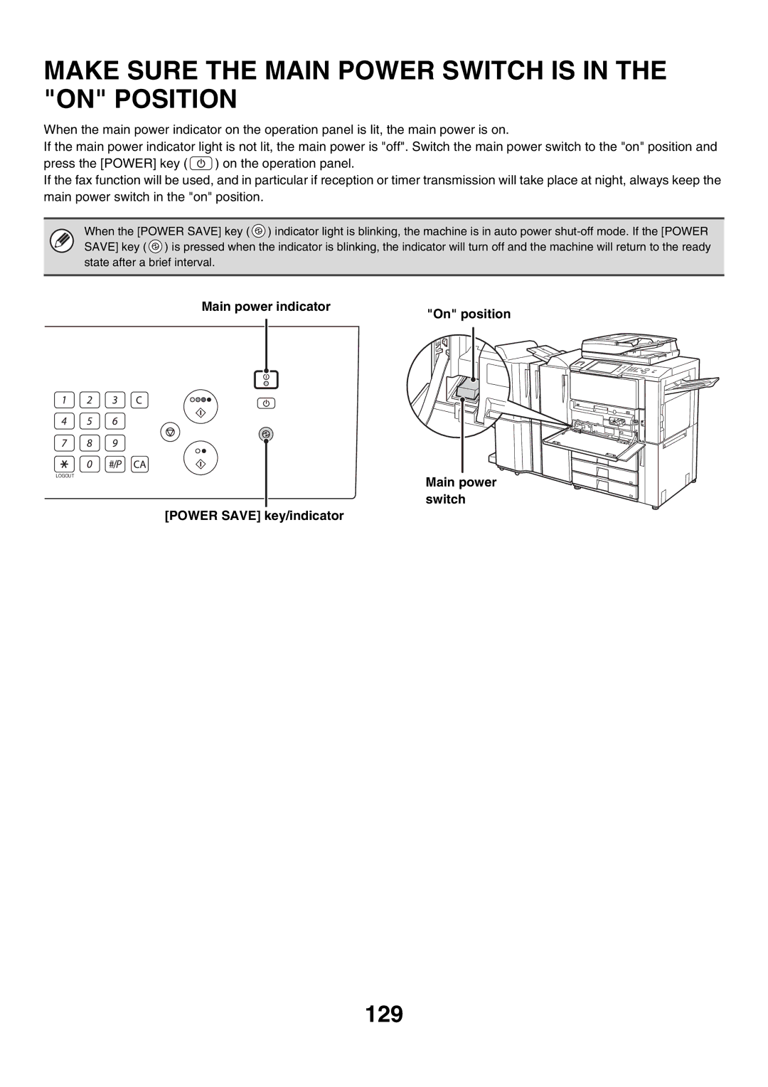 Sharp MX-FXX1 manual Make Sure the Main Power Switch is in the on Position, Main power indicator On position 