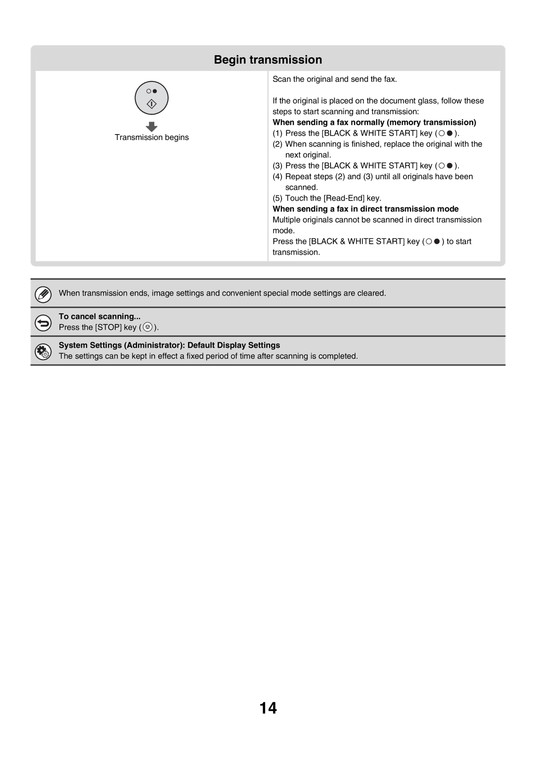 Sharp MX-FXX1 manual Begin transmission, When sending a fax normally memory transmission, To cancel scanning 