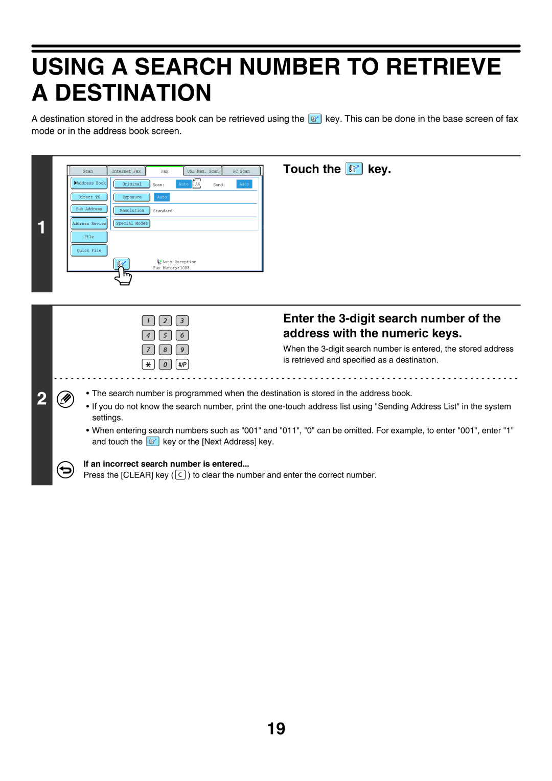 Sharp MX-FXX1 manual Using a Search Number to Retrieve a Destination, If an incorrect search number is entered 