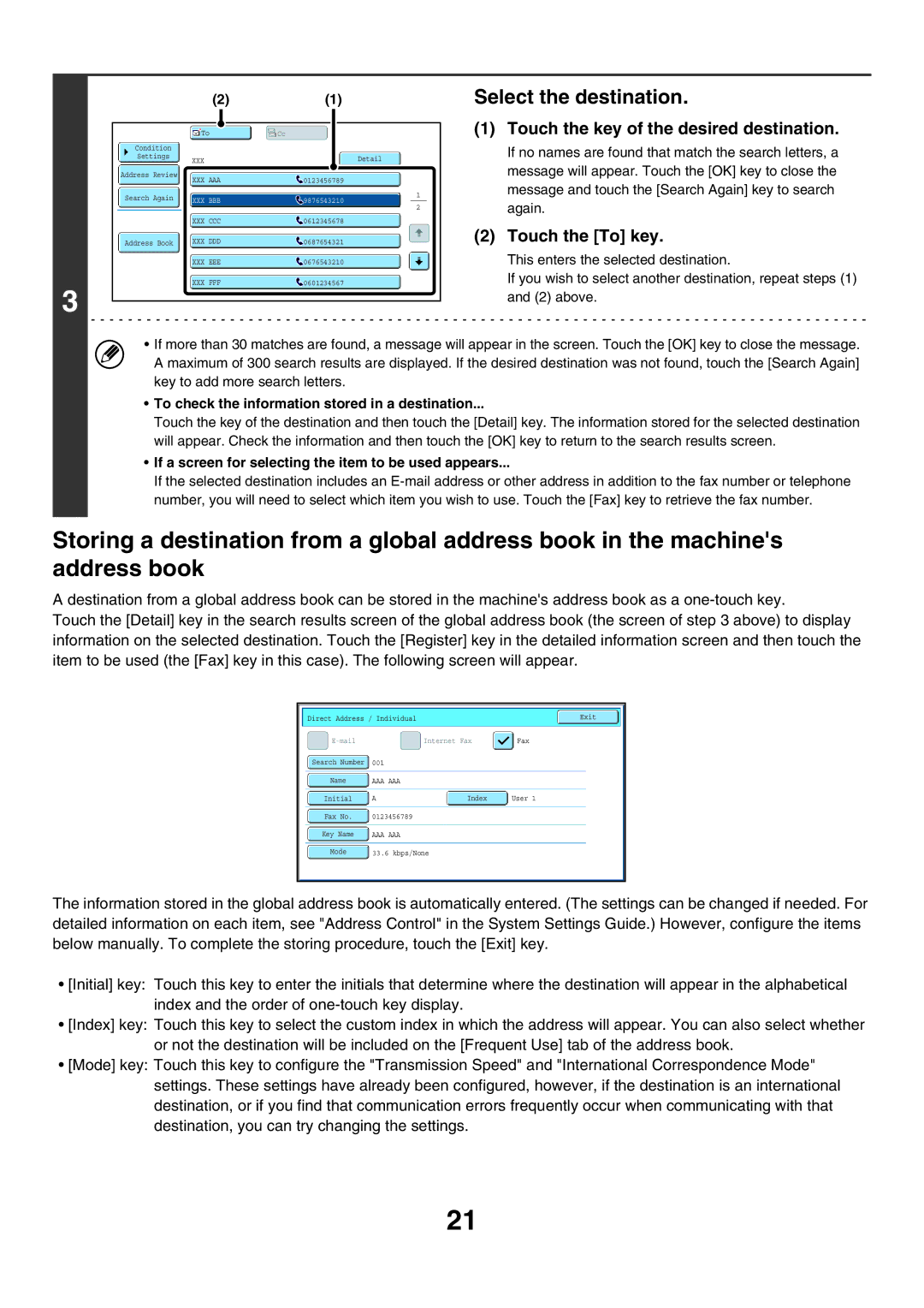 Sharp MX-FXX1 manual Touch the key of the desired destination, To check the information stored in a destination 