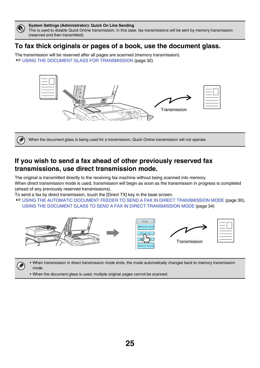 Sharp MX-FXX1 manual Using the Document Glass for Transmission, System Settings Administrator Quick On Line Sending 