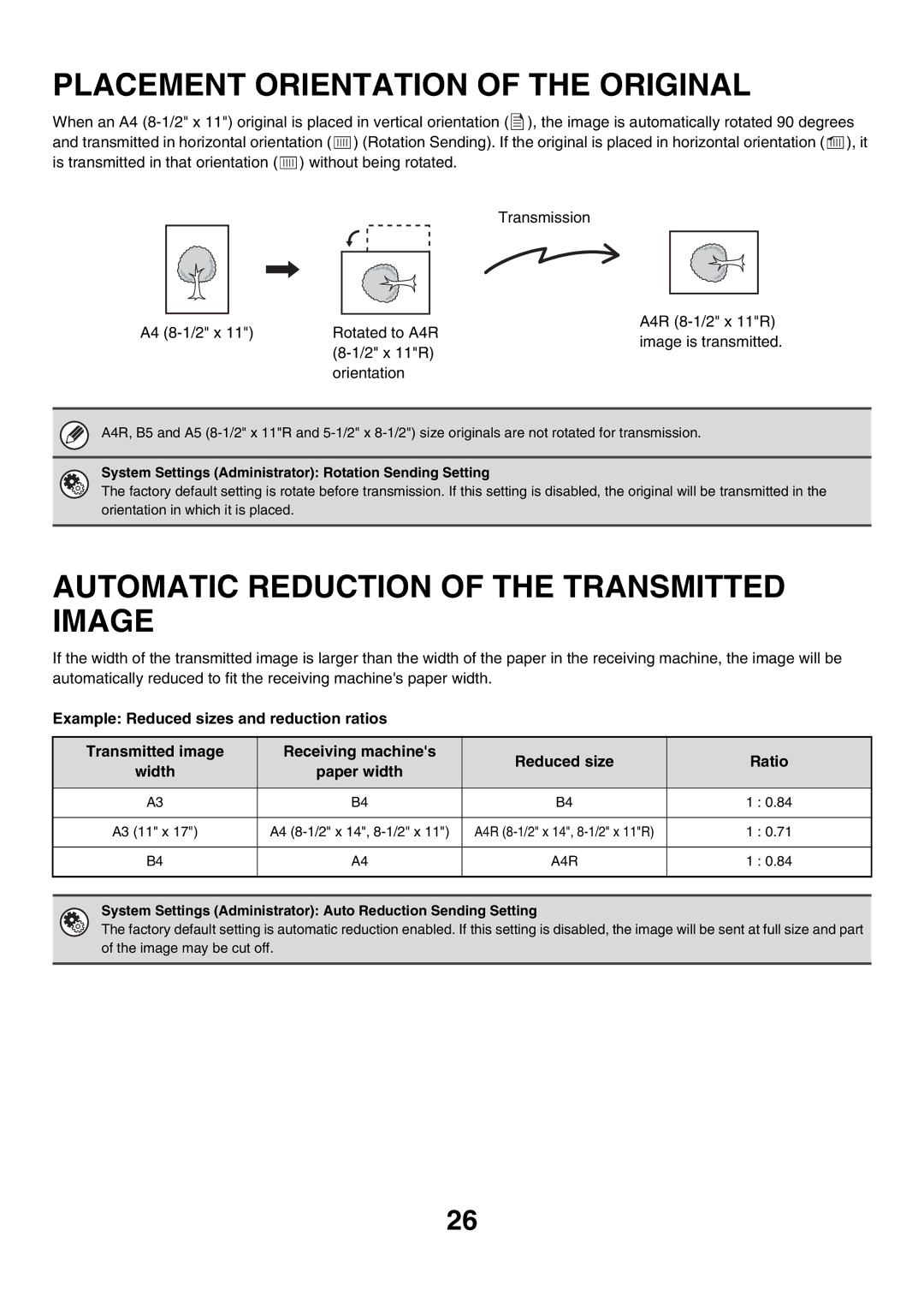 Sharp MX-FXX1 manual Placement Orientation of the Original, Automatic Reduction of the Transmitted Image, Width Paper width 