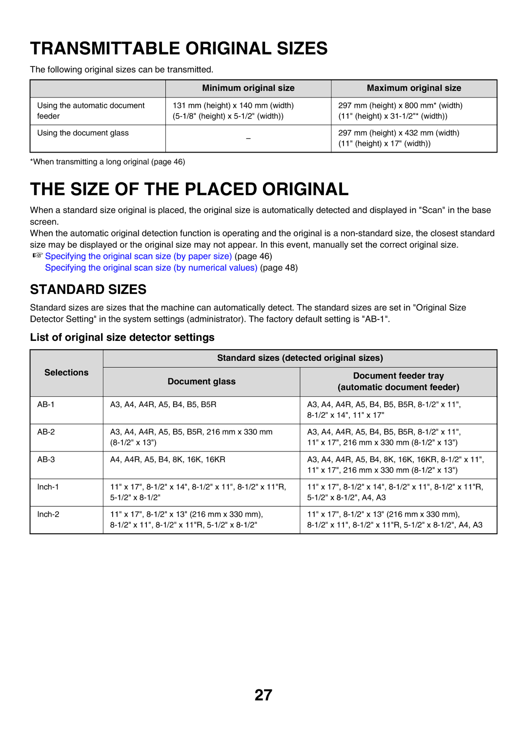 Sharp MX-FXX1 manual Transmittable Original Sizes, Size of the Placed Original, Minimum original size Maximum original size 