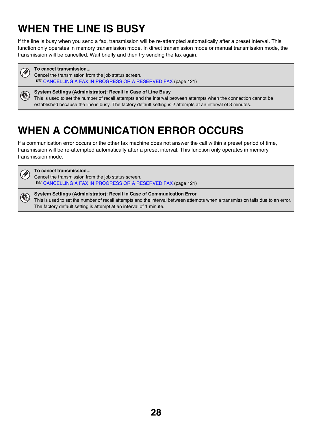 Sharp MX-FXX1 manual When the Line is Busy, When a Communication Error Occurs, To cancel transmission 