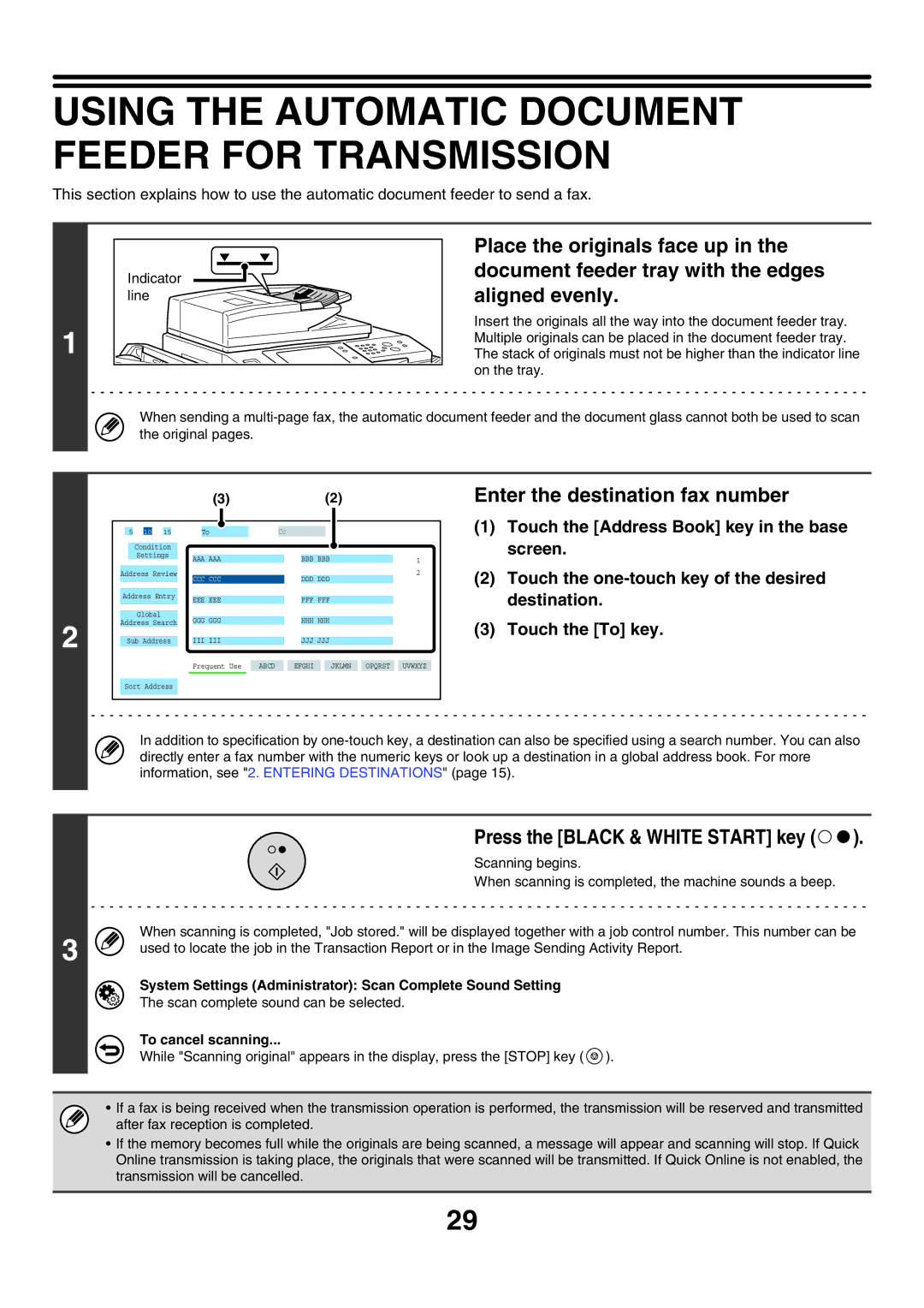 Sharp MX-FXX1 manual Using the Automatic Document Feeder for Transmission, Press the Black & White Start key 