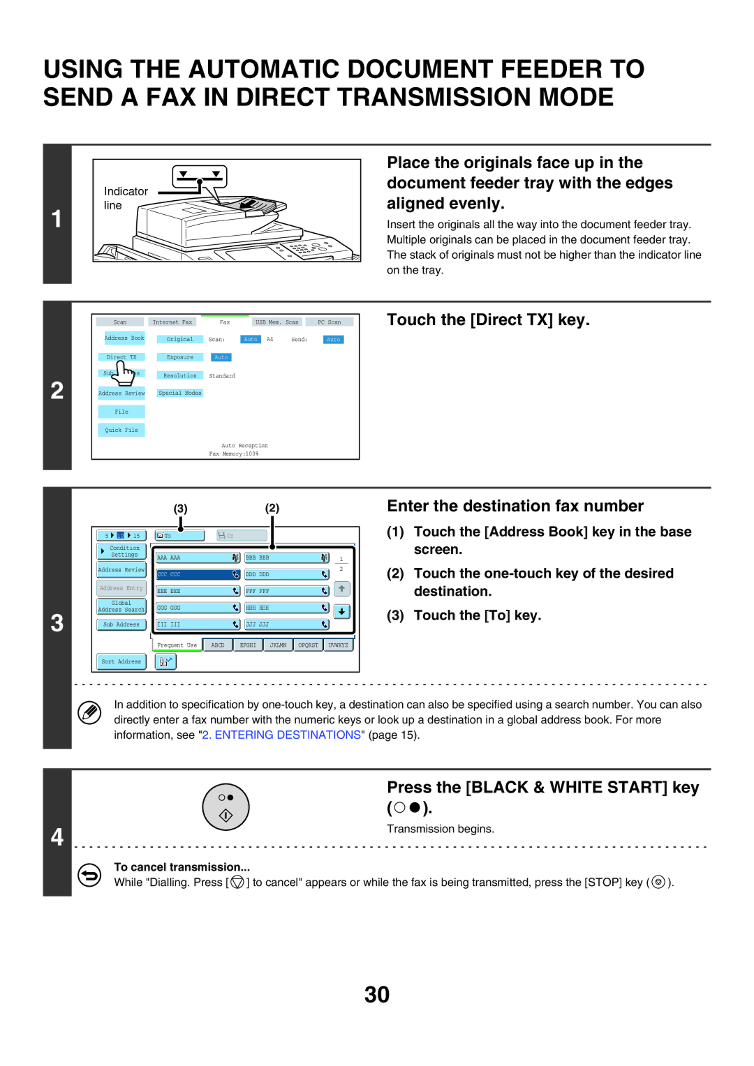 Sharp MX-FXX1 manual Touch the Direct TX key 