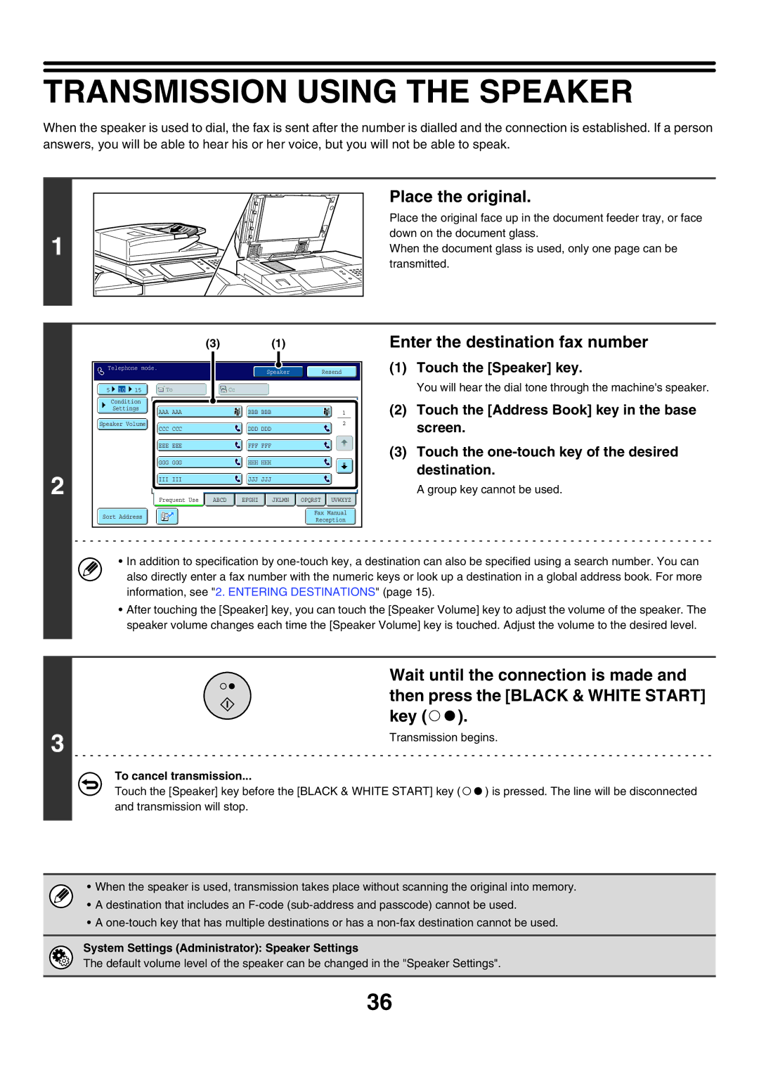 Sharp MX-FXX1 manual Transmission Using the Speaker, Touch the Speaker key, System Settings Administrator Speaker Settings 