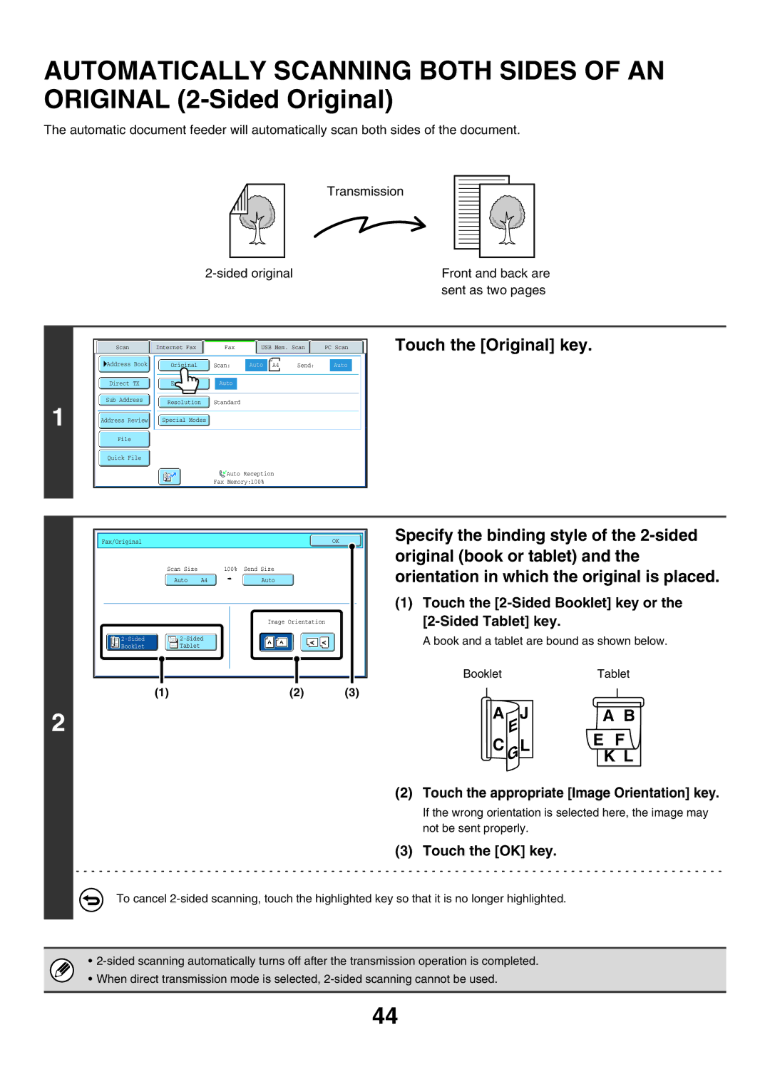 Sharp MX-FXX1 manual Touch the Original key, Touch the 2-Sided Booklet key or the 2-Sided Tablet key 