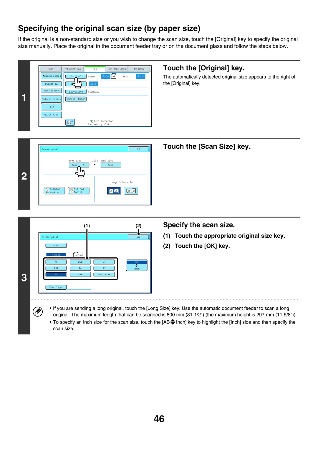 Sharp MX-FXX1 manual Specifying the original scan size by paper size, Touch the Scan Size key, Specify the scan size 