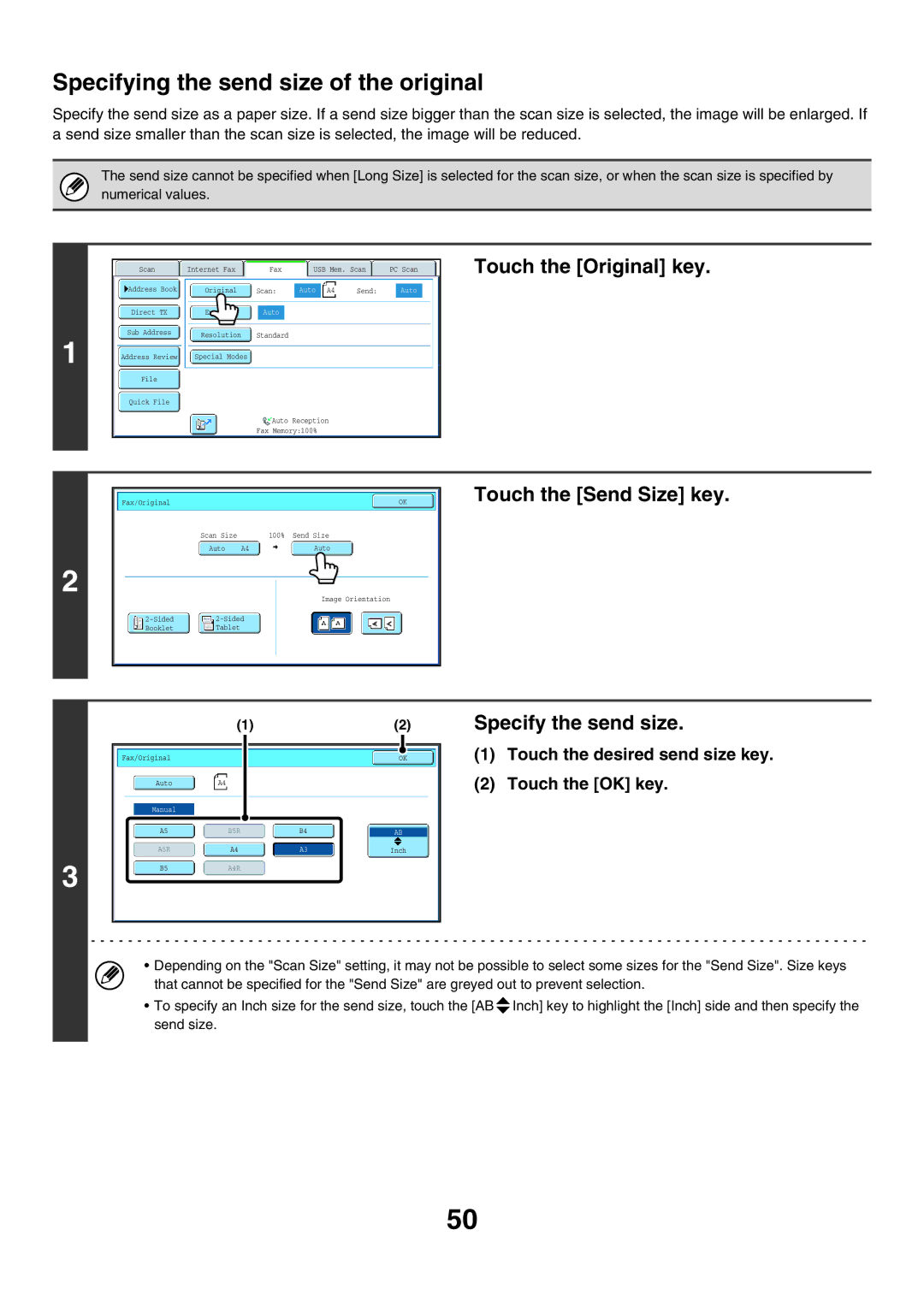 Sharp MX-FXX1 manual Specifying the send size of the original, Touch the Send Size key, Specify the send size 