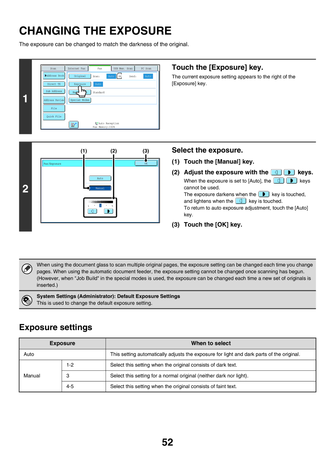 Sharp MX-FXX1 manual Changing the Exposure, Exposure settings, Touch the Exposure key, Select the exposure 