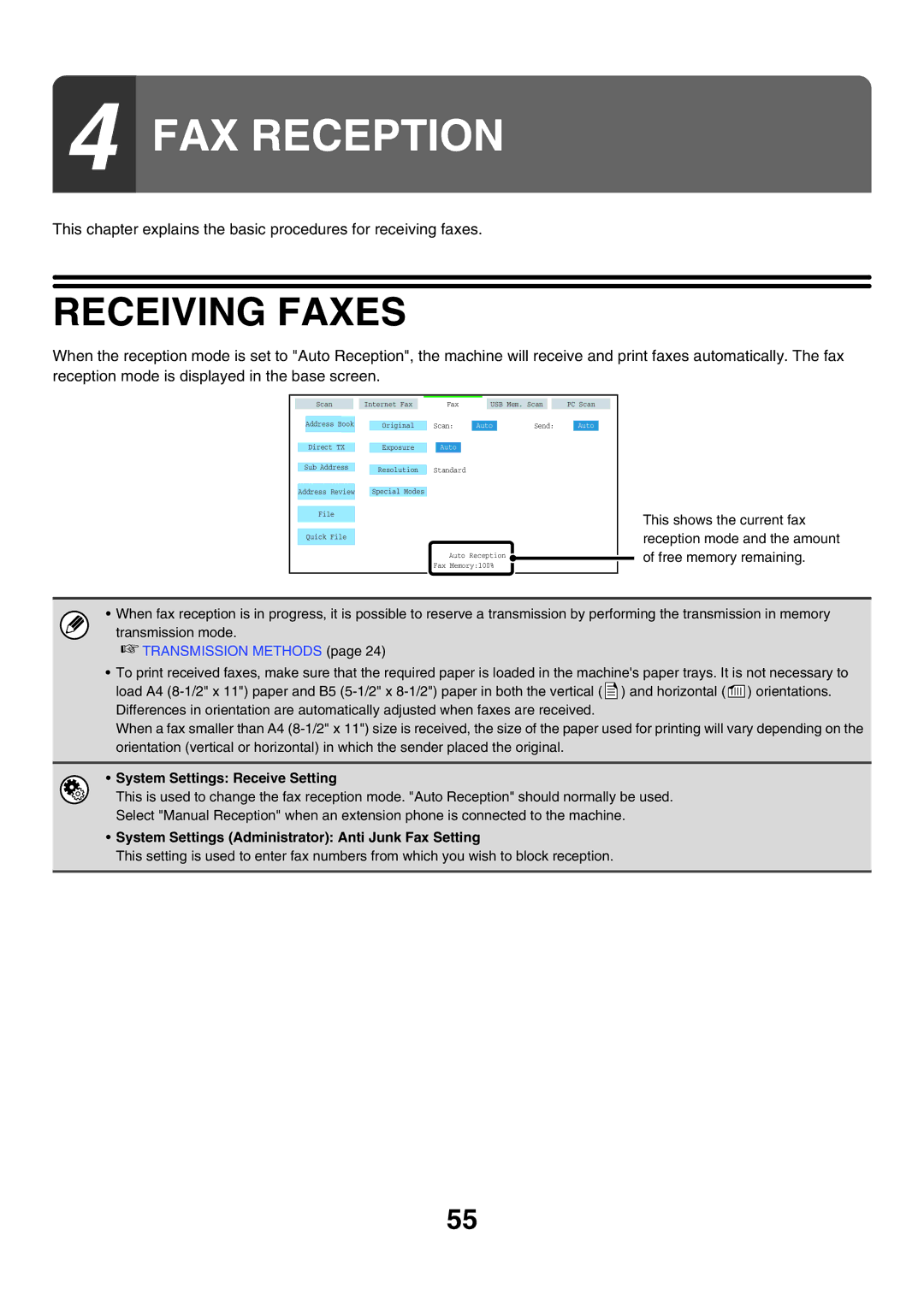 Sharp MX-FXX1 manual Receiving Faxes, System Settings Receive Setting, System Settings Administrator Anti Junk Fax Setting 