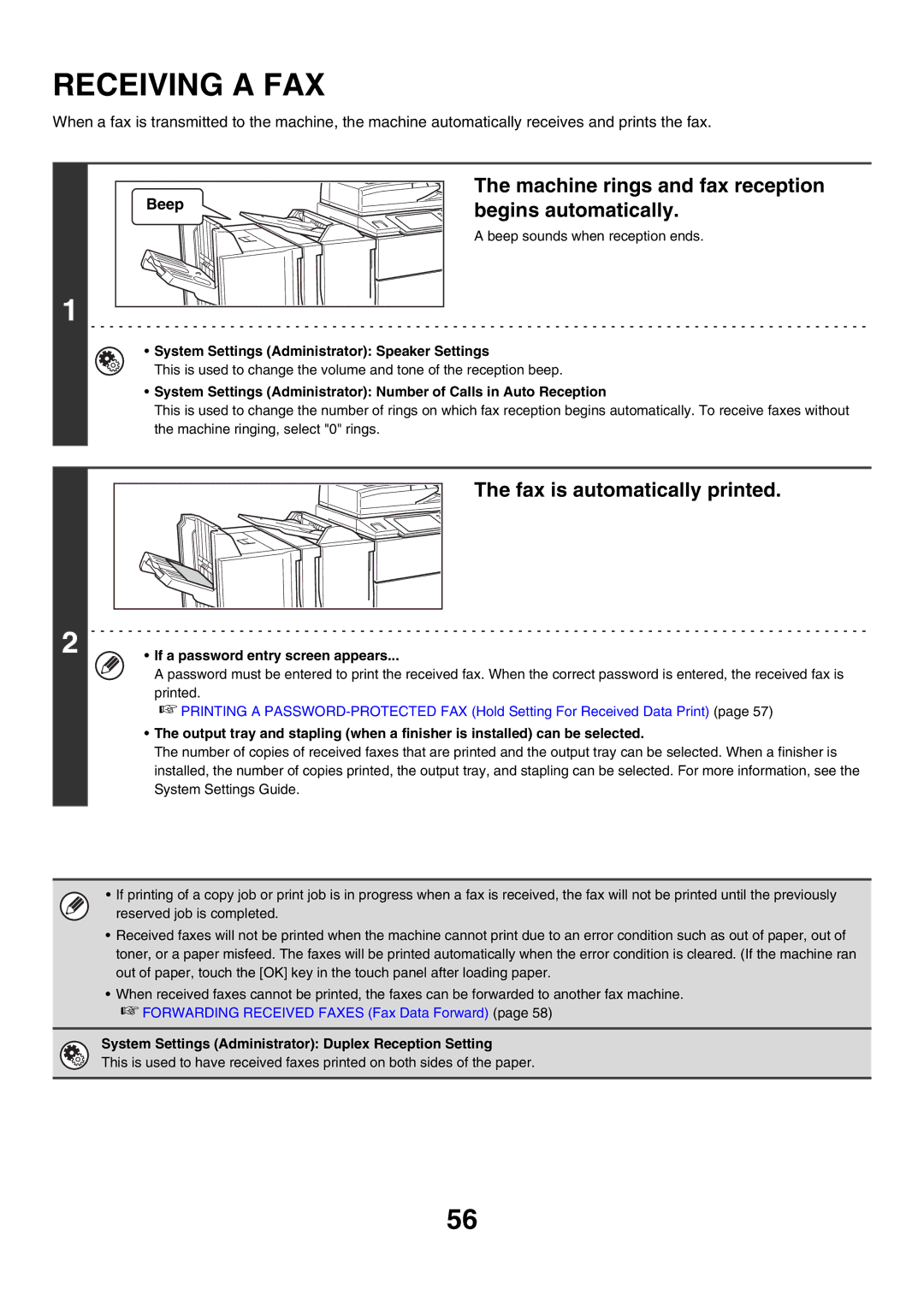 Sharp MX-FXX1 Receiving a FAX, Machine rings and fax reception begins automatically, Fax is automatically printed, Beep 