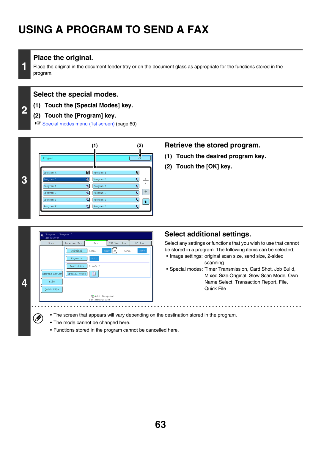 Sharp MX-FXX1 manual Using a Program to Send a FAX, Select the special modes, Retrieve the stored program 