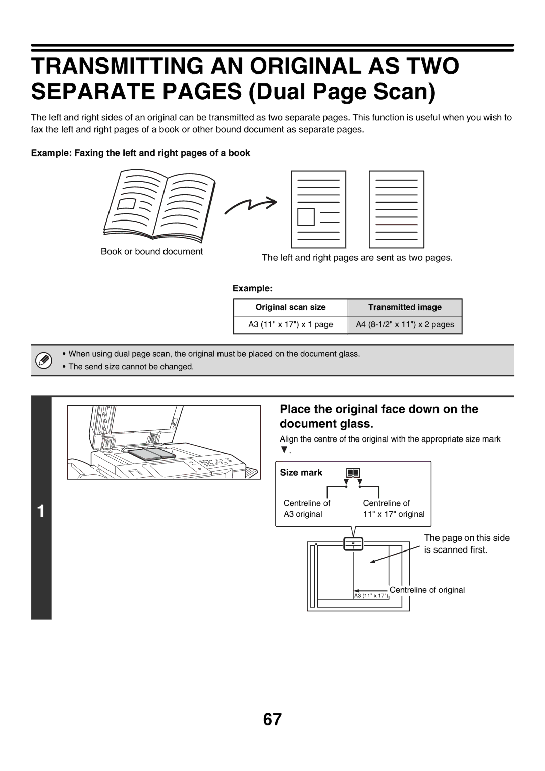 Sharp MX-FXX1 manual Place the original face down on, Document glass, Example Faxing the left and right pages of a book 