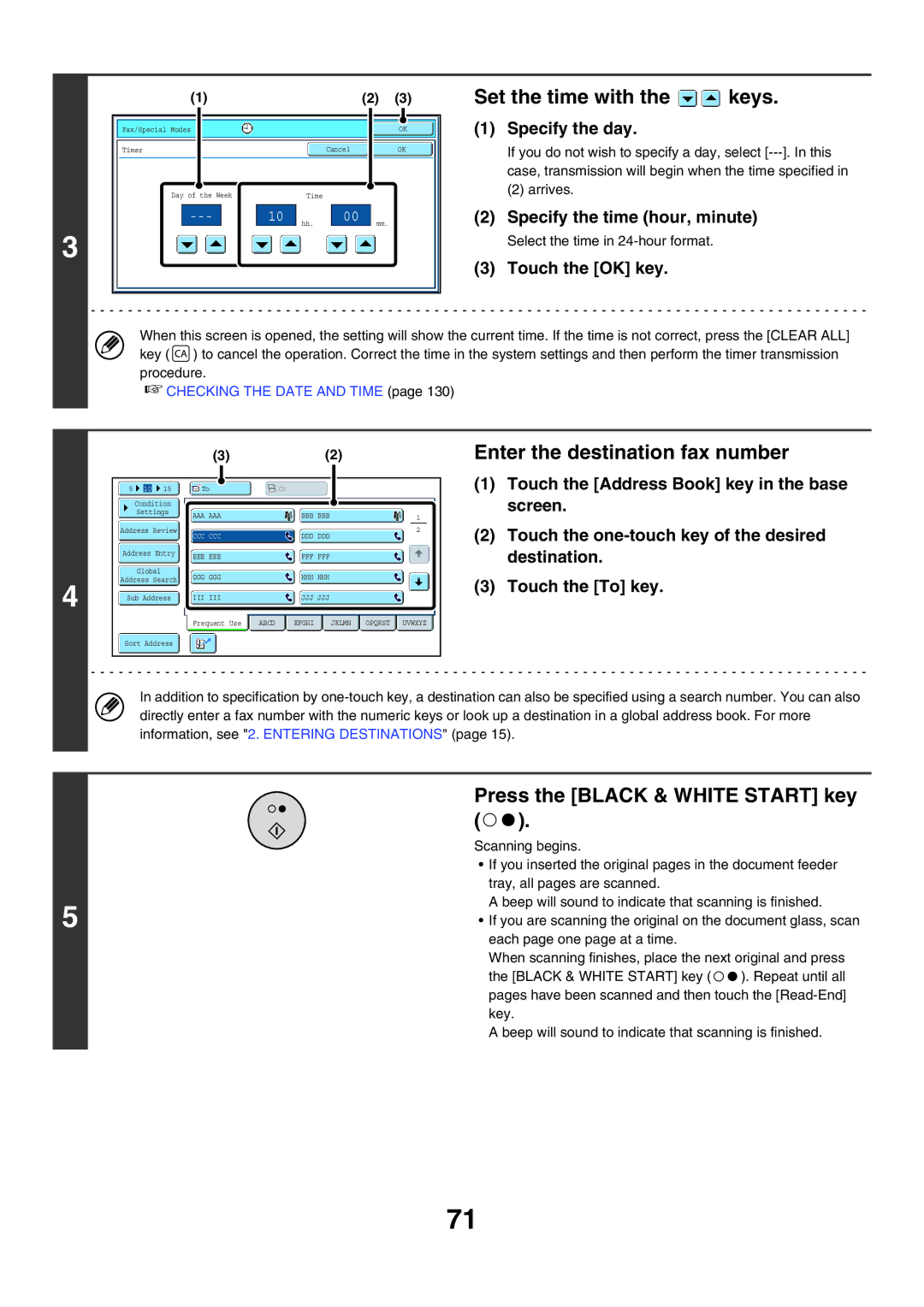 Sharp MX-FXX1 manual Set the time with the keys, Specify the day, Specify the time hour, minute 