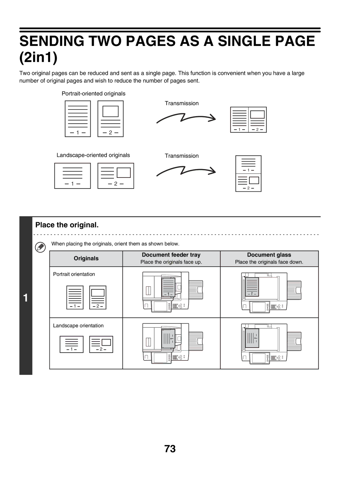 Sharp MX-FXX1 manual Sending TWO Pages AS a Single page 2in1, Originals Document feeder tray Document glass 