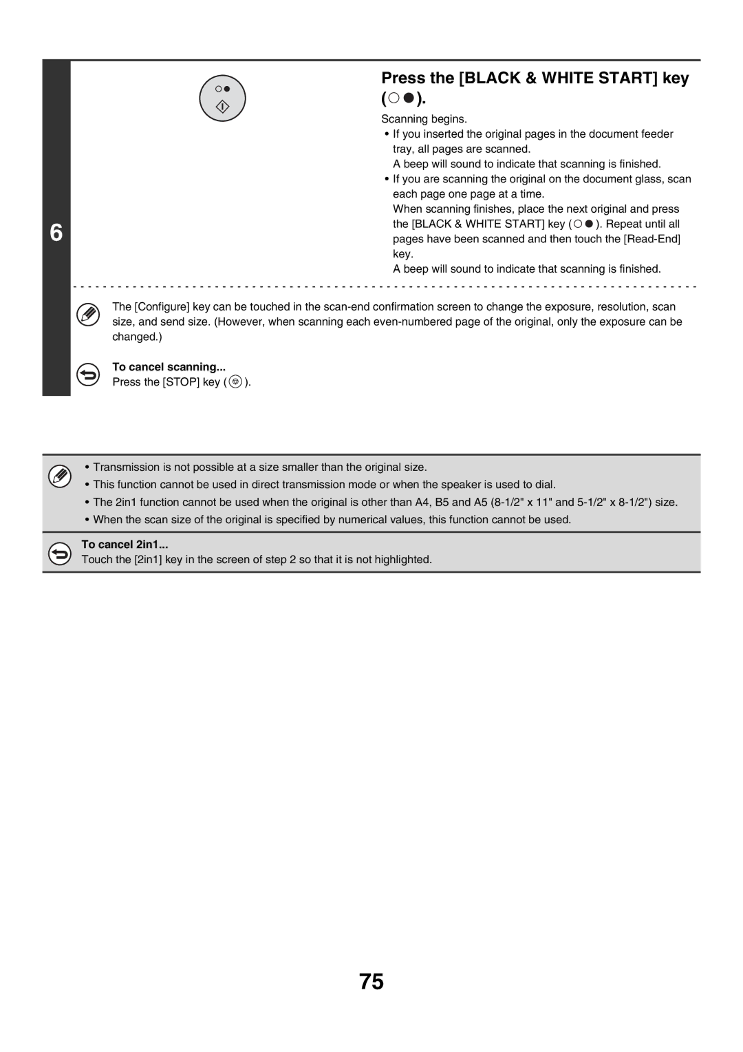 Sharp MX-FXX1 manual Press the Black & White Start key, To cancel 2in1 