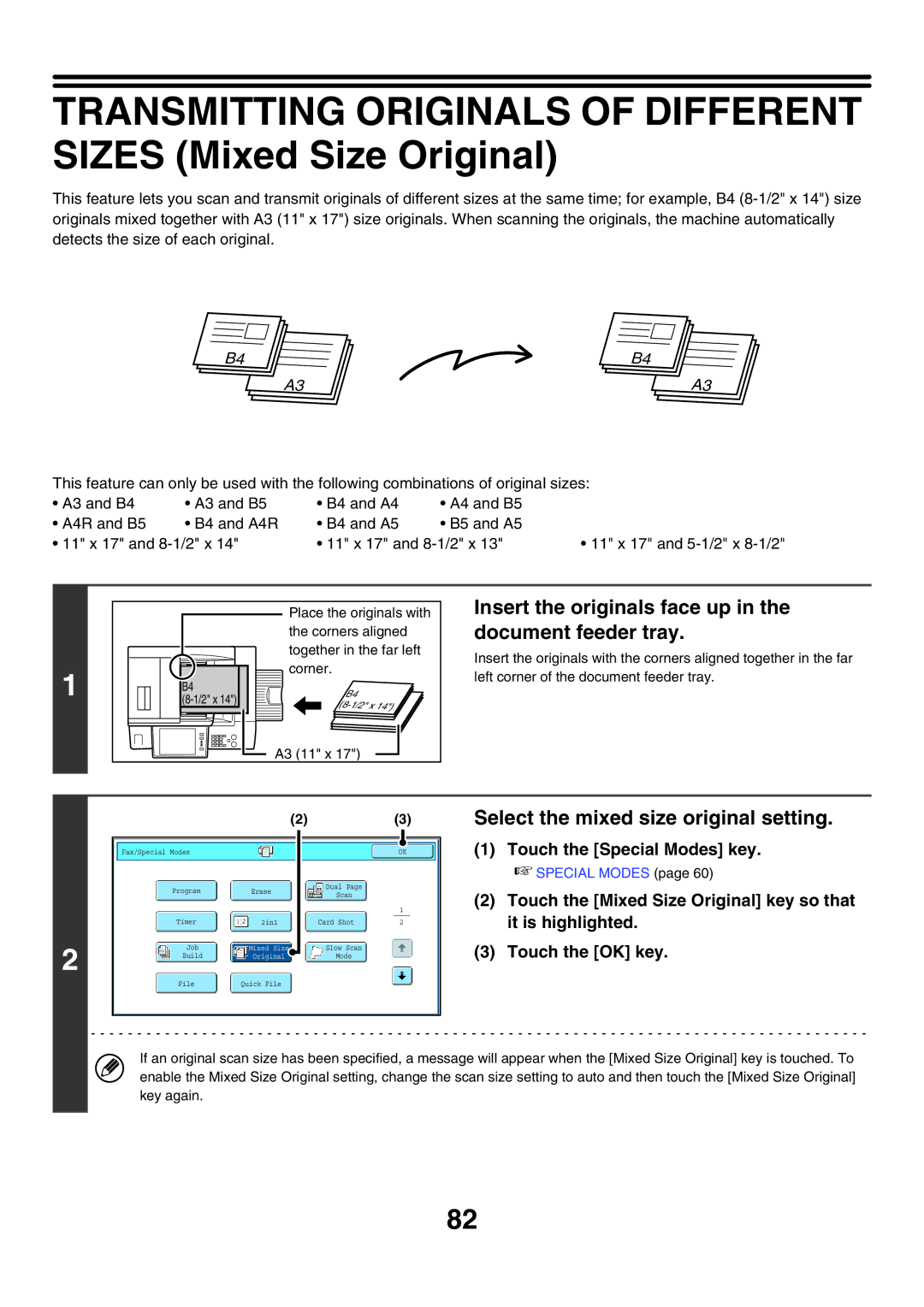 Sharp MX-FXX1 manual Insert the originals face up in the document feeder tray, Select the mixed size original setting 